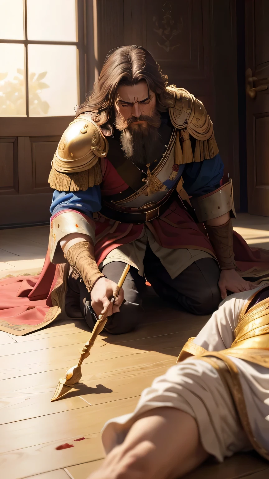 masterpiece, 45 years old, crying sound, Medium-length brunette, mustache, amazing, (amazing emperor tries to save dying man), (gold staff on the floor), hemorrhage, wearing the emperor's clothes, 16th century Russia,