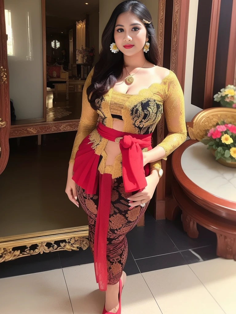 photography, woman, portrait of woman wearing kebaya_bali in black long kebaya dress traditional, red lipstick, golden necklace, earrings, ornate, detail, flowers, blurry background, soft focus,((Full Body)),(cute face:1.5), (huge breasts:1.1),high-heels, ((big hips)), medium thighs,((dimple)),