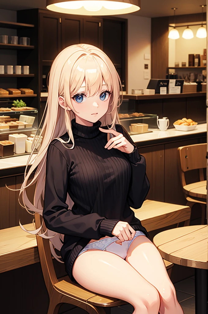 high quality, Awards, High resolution, 8K、turtleneck sweater、sweater with open chest、Sitting on a chair in a café、Panties are visible