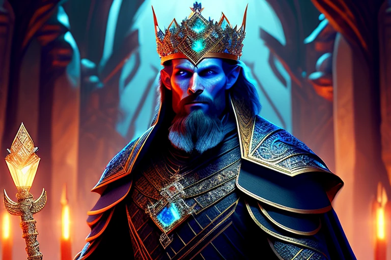 In the depths of the Underworld, where empires spread in labyrinthine underground places, a regal figure stands before a palace made of crystalline structures. Gem lighting illuminates the cavernous chamber, casting a mesmerizing glow on the king's intricately designed attire. With a keen expression, he gazes intently at the viewer, his eyes shimmering like precious gems in the dimly lit surroundings. Hands folded behind his back, he holds a scepter adorned with gemstones, giving off an air of authority and power. The image, rendered in exquisite detail and stunning clarity, is captured in 8k resolution, allowing every fac