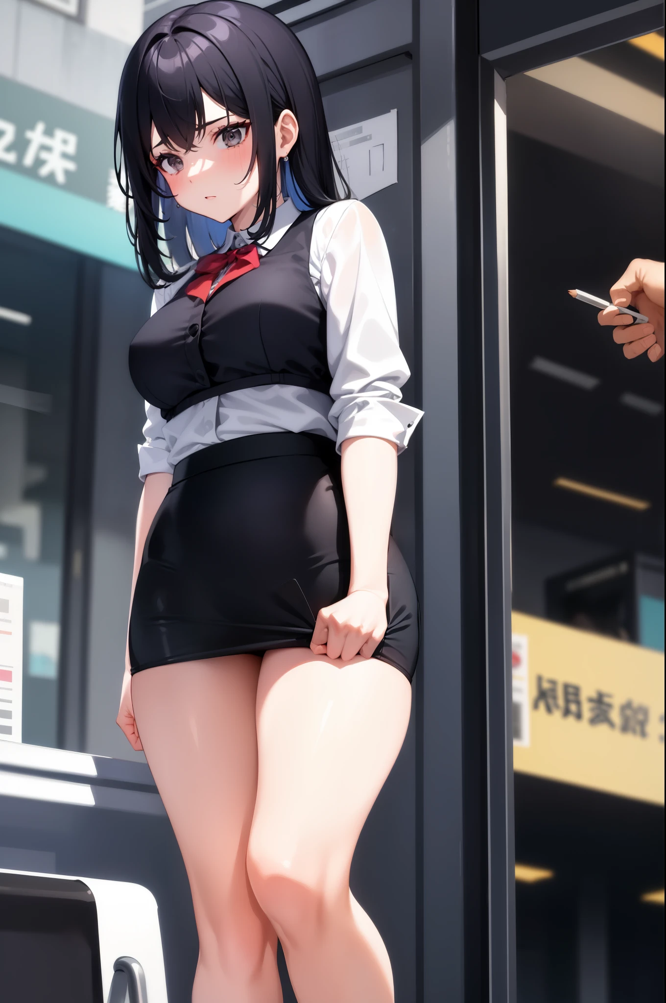 (drooping eyes, looking away), angle from below, (clerk uniform, ID card), customers, a little fat, eyes realistic sizing, open mouth, (selfie inside her skirt herself while peeing), (crouching, place her (smartphone) is in front of her moisty panties), spread the most wide her legs, touching her crotch with hand, on the sidewalk, buildings,