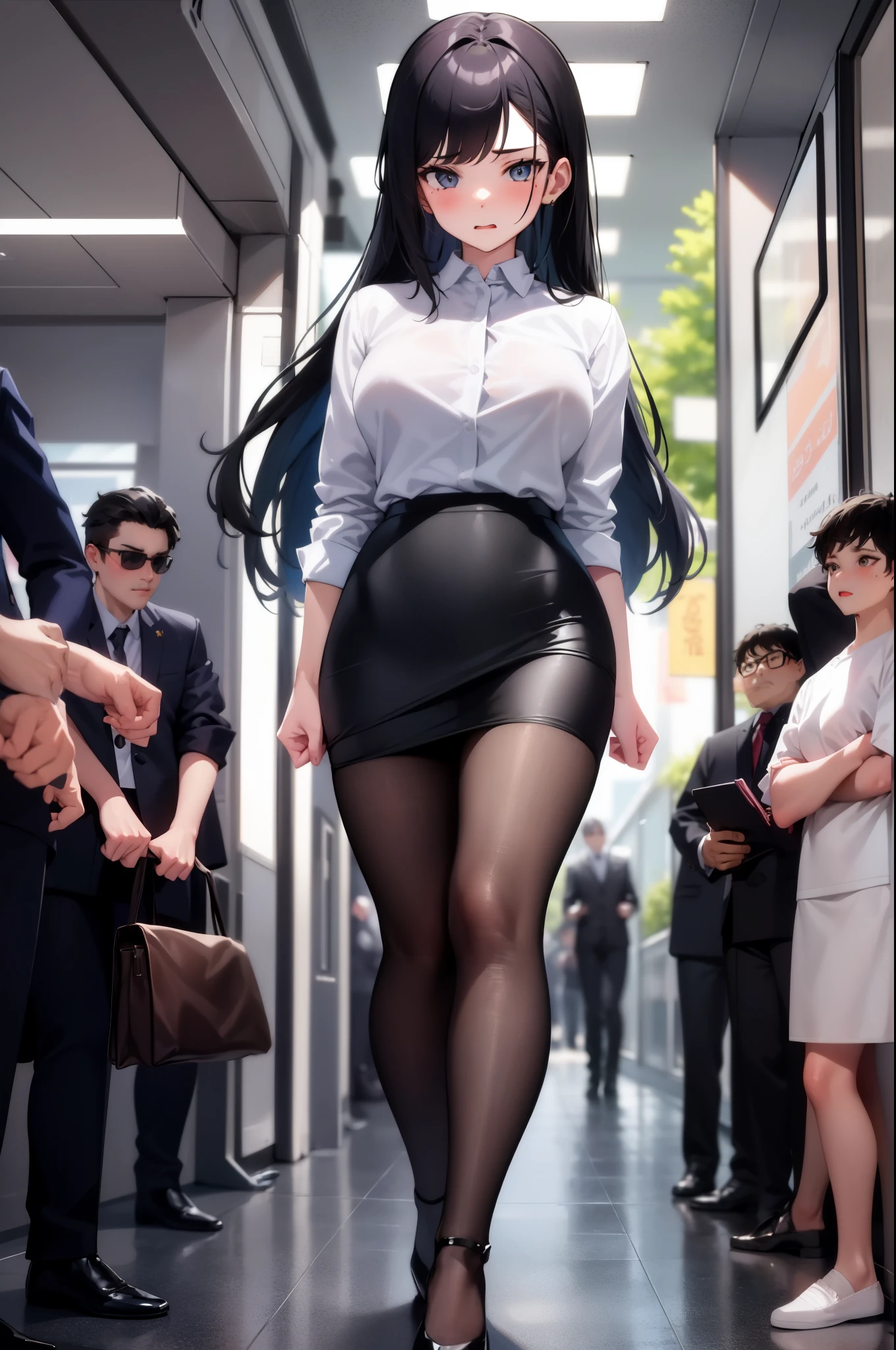 1girl, clothes tug, office lady, pencil skirt, skirt tug, miniskirt, skirt lift, bus interior, crowd, multiple boys,, masterpiece, best quality, highly detailed