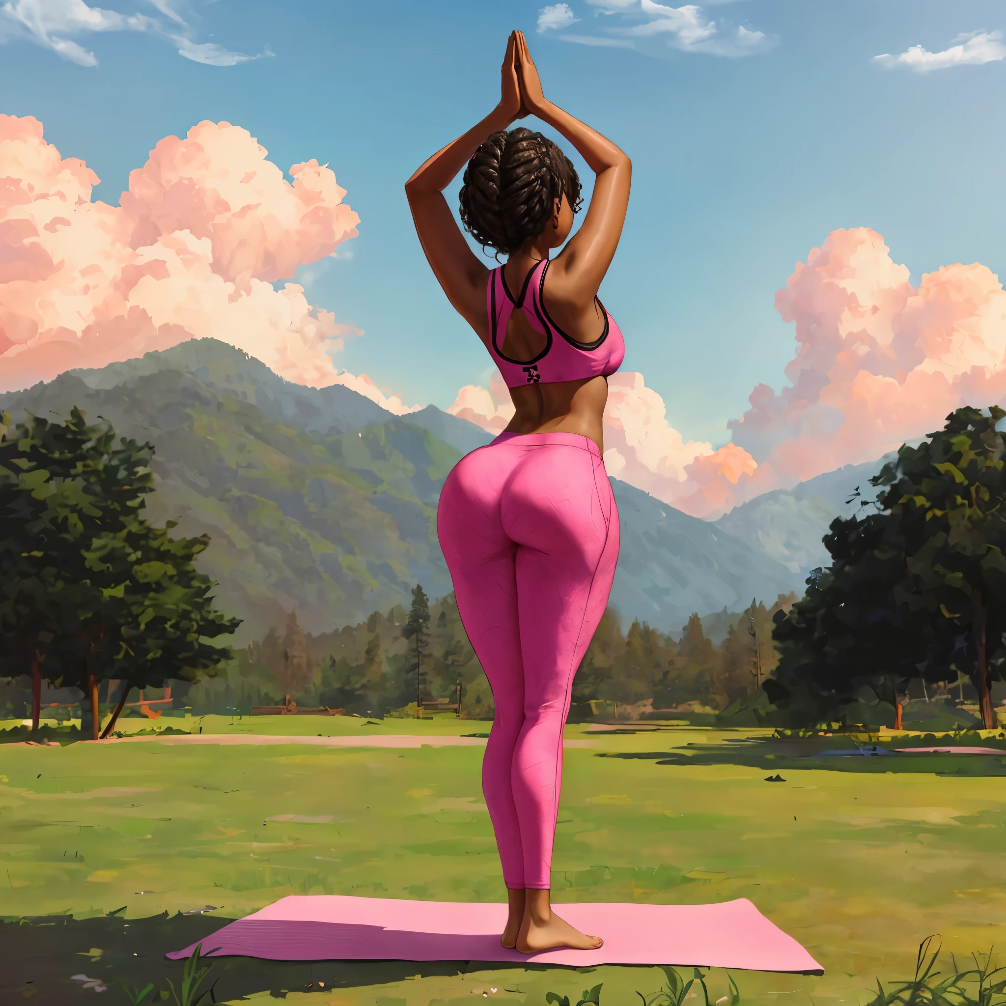 brown skin woman standing on a yoga mat, big butt, back view, hands above head in prayer position, pink aesthetic, nature park background, 2 hands in prayer position, normal hands (((2 hands only))
