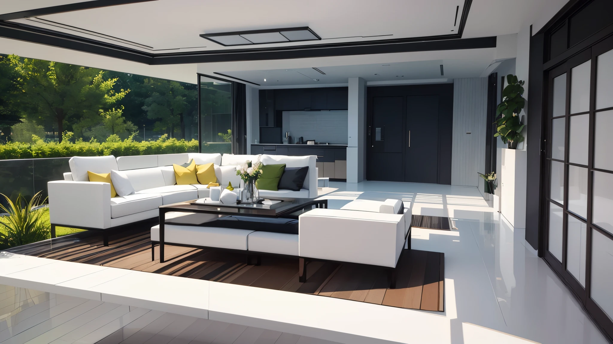 You are a famous interior designer、You have been asked to create a 3D image of a modern large room. Create a harmonious environment with modern and minimalist furniture. Including garden interior.