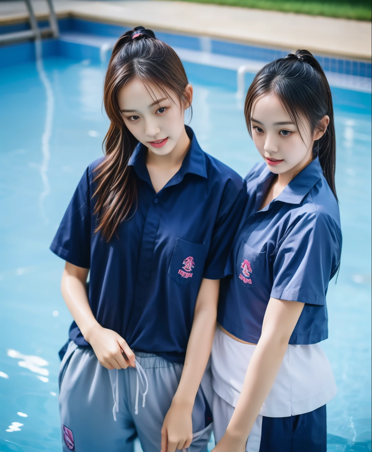 2 girls in the swimming pool, Navy blue short-sleeved shirt,Navy Long Trackpant,Sweatpants, Sweatpantsขายาว,25 year old girl, lesbian, sexy, exercise clothes, wet body