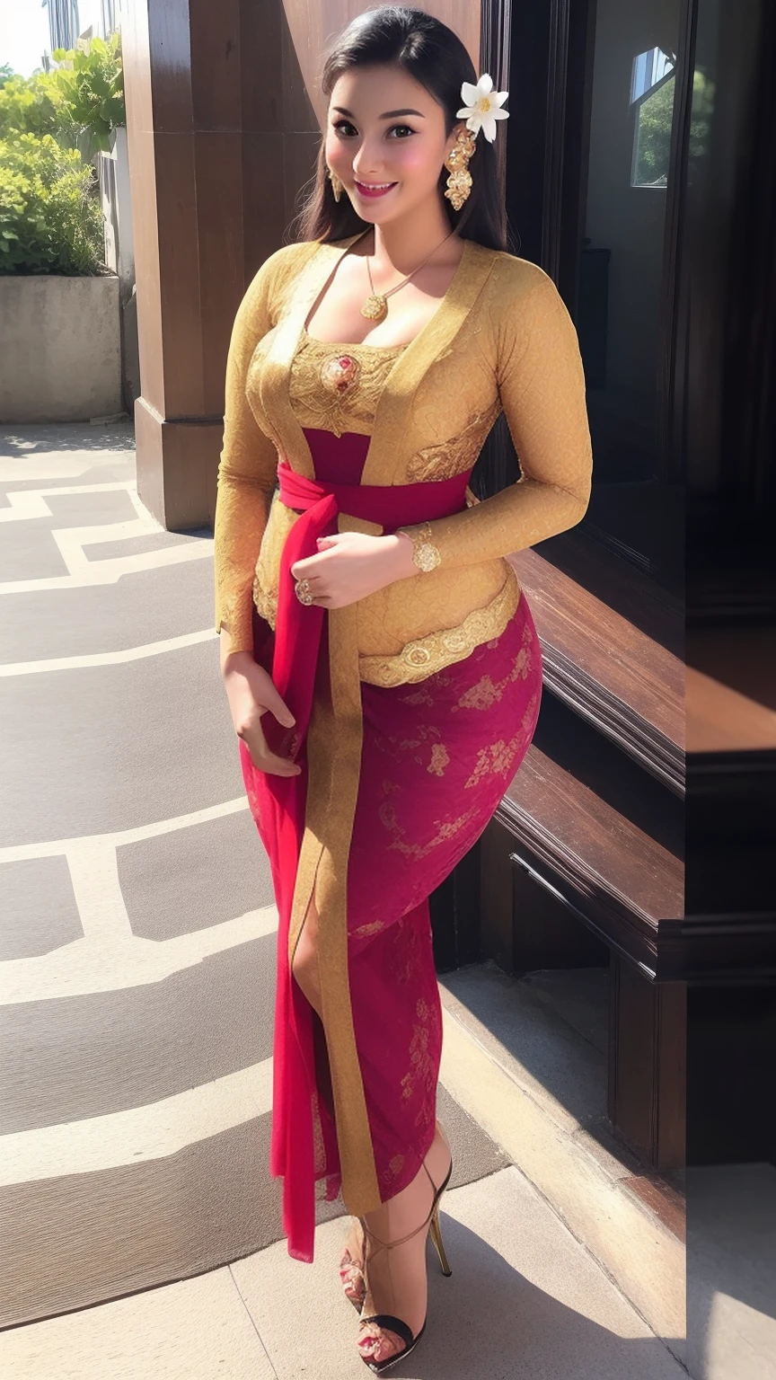 photography, woman, portrait of woman wearing kebaya_bali in black long kebaya dress traditional, red lipstick, golden necklace, earrings, ornate, detail, flowers, blurry background, soft focus,((Full Body)),(cute face:1.5), (huge breasts:1.1),high-heels, ((big hips)), medium thighs,((dimple)),