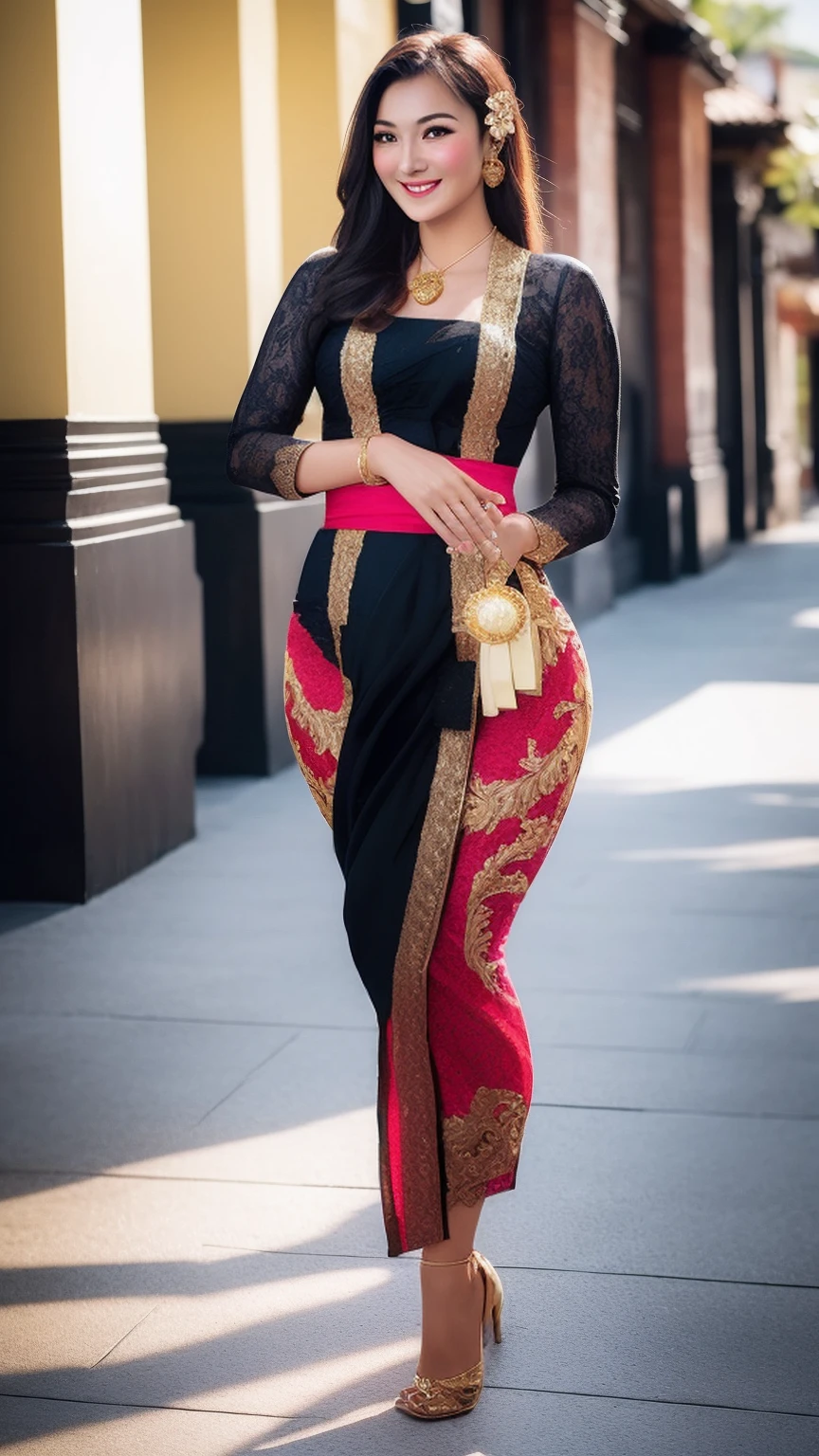 photography, woman, portrait of woman wearing kebaya_bali in black long kebaya dress traditional, red lipstick, golden necklace, earrings, ornate, detail, flowers, blurry background, soft focus,((Full Body)),(cute face:1.5), (huge breasts:1.1),high-heels, ((big hips)), medium thighs,((dimple)),