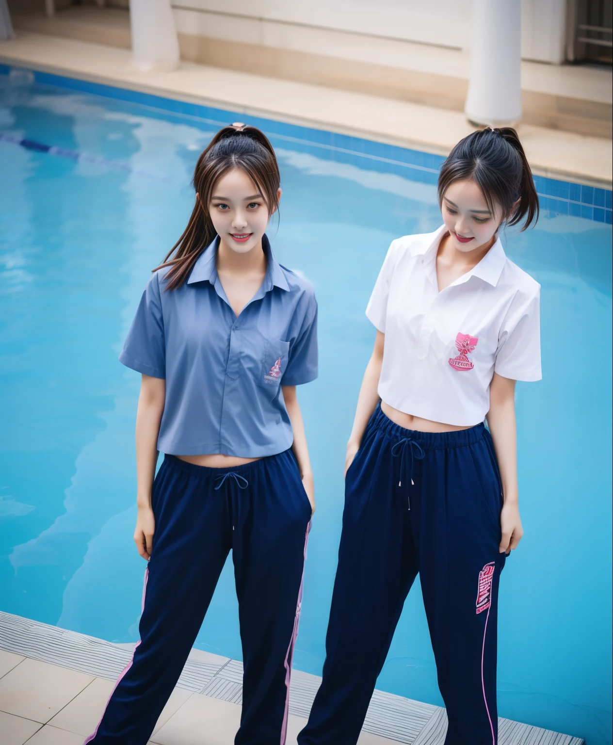 2 girls in the swimming pool, Navy blue short-sleeved shirt,Navy Long Trackpant,Sweatpants, Sweatpantsขายาว,25 year old girl, lesbian, sexy, exercise clothes, wet body