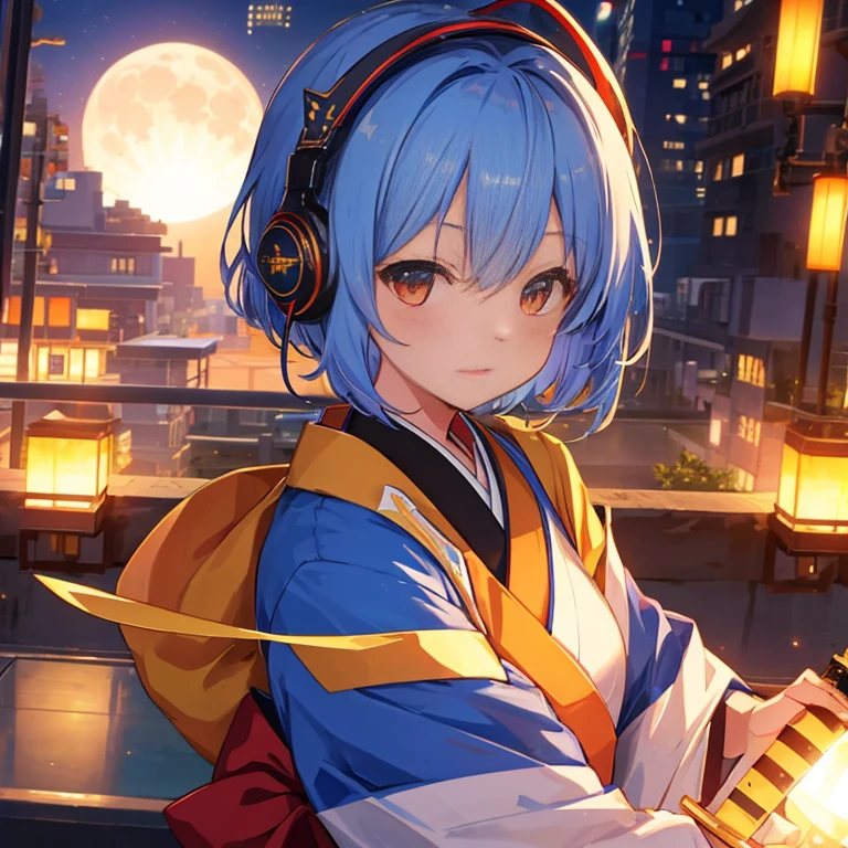 one giant moon and sun skyscraper、Miniaturization、light colored kimono、one samurai girl、headphones、short hair(arms、Katana、have a weapon)、like the photo、With movement、computer、thunder、cinematic light、8K、very detailed and beautiful、Sparkling