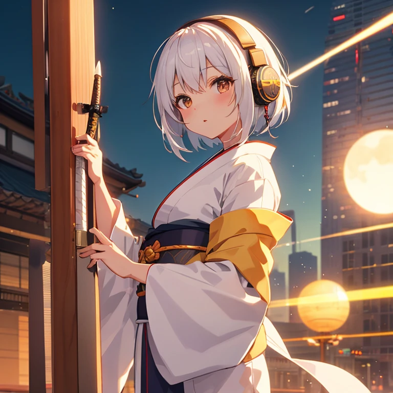 one giant moon and sun skyscraper、Miniaturization、light colored kimono、one samurai girl、headphones、short hair（arms、Katana、have a weapon）、like the photo、With movement、computer、thunder、cinematic light、８K、very detailed and beautiful、Sparkling