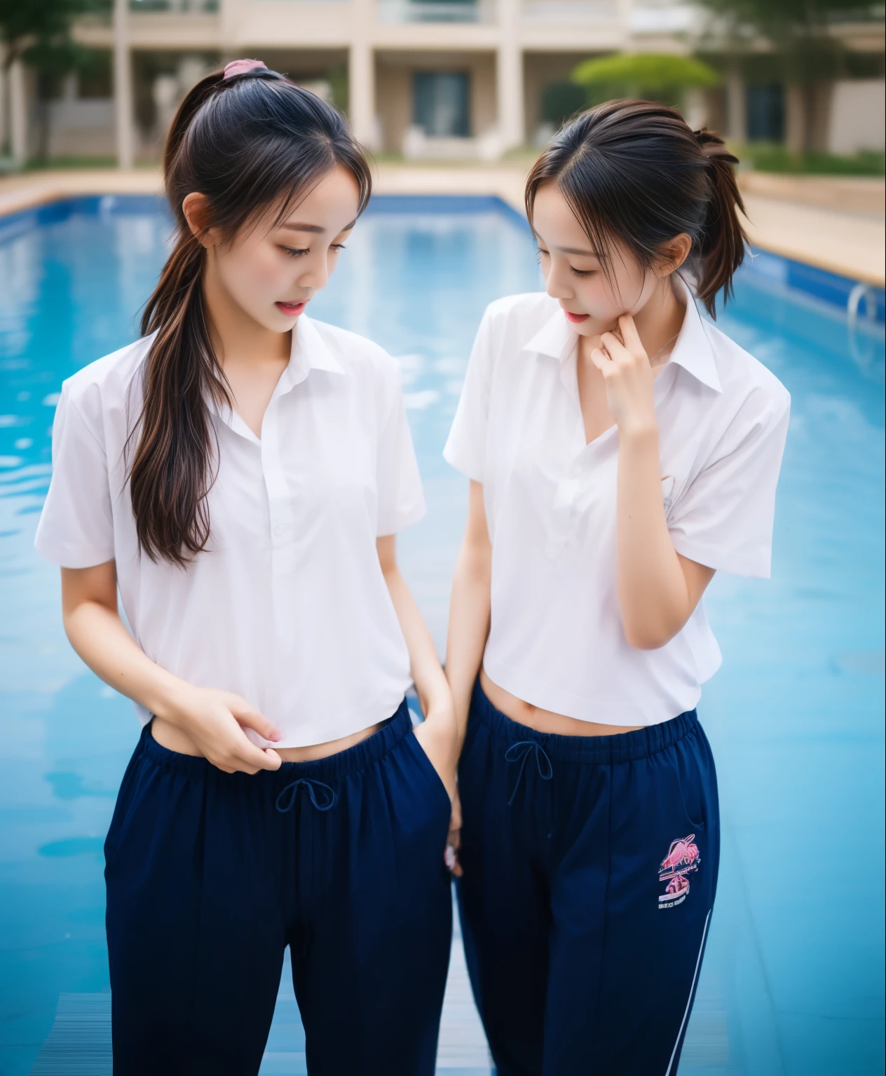 2 girls in the swimming pool, Navy blue short-sleeved shirt,Navy Long Trackpant,Sweatpants, Sweatpantsขายาว,25 year old girl, lesbian, sexy, exercise clothes, wet body