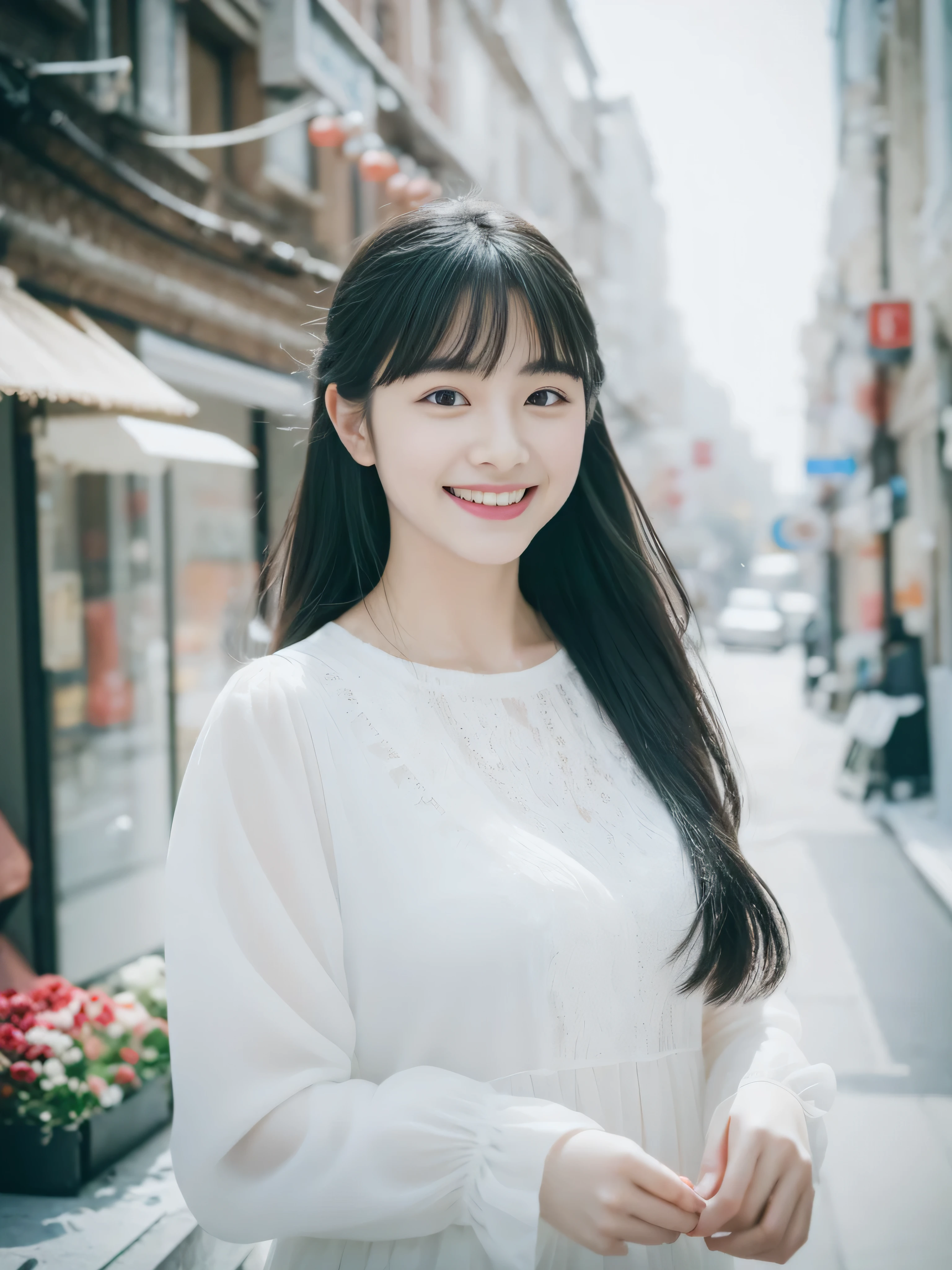 (8K、RAW photo、Highest image quality)1girll、nice face、smile、Have fun、jet black hair、delicate hair accessories、white blouse、fun action、Temperament、Flower Shop、outdoor、snowy city、background bokeh、Focalors、film grain、