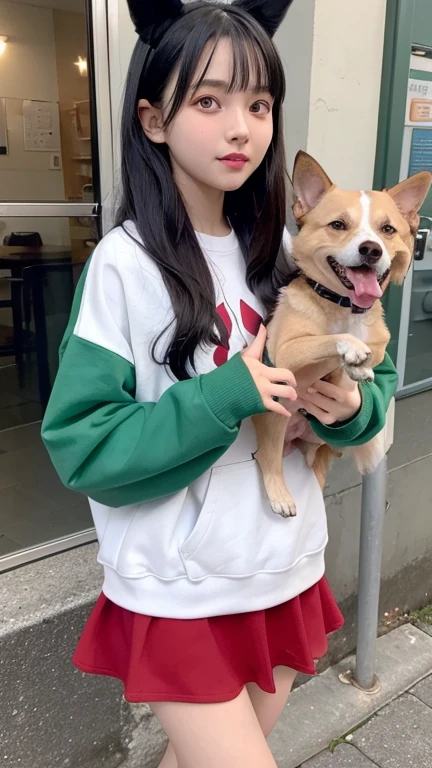 1 girl, medium black hair, heterochromia, red eyes, green eyes, dog ears, dog ears, gray sweatshirt, :3, Small fangs,mini skirt,Holding a dog,