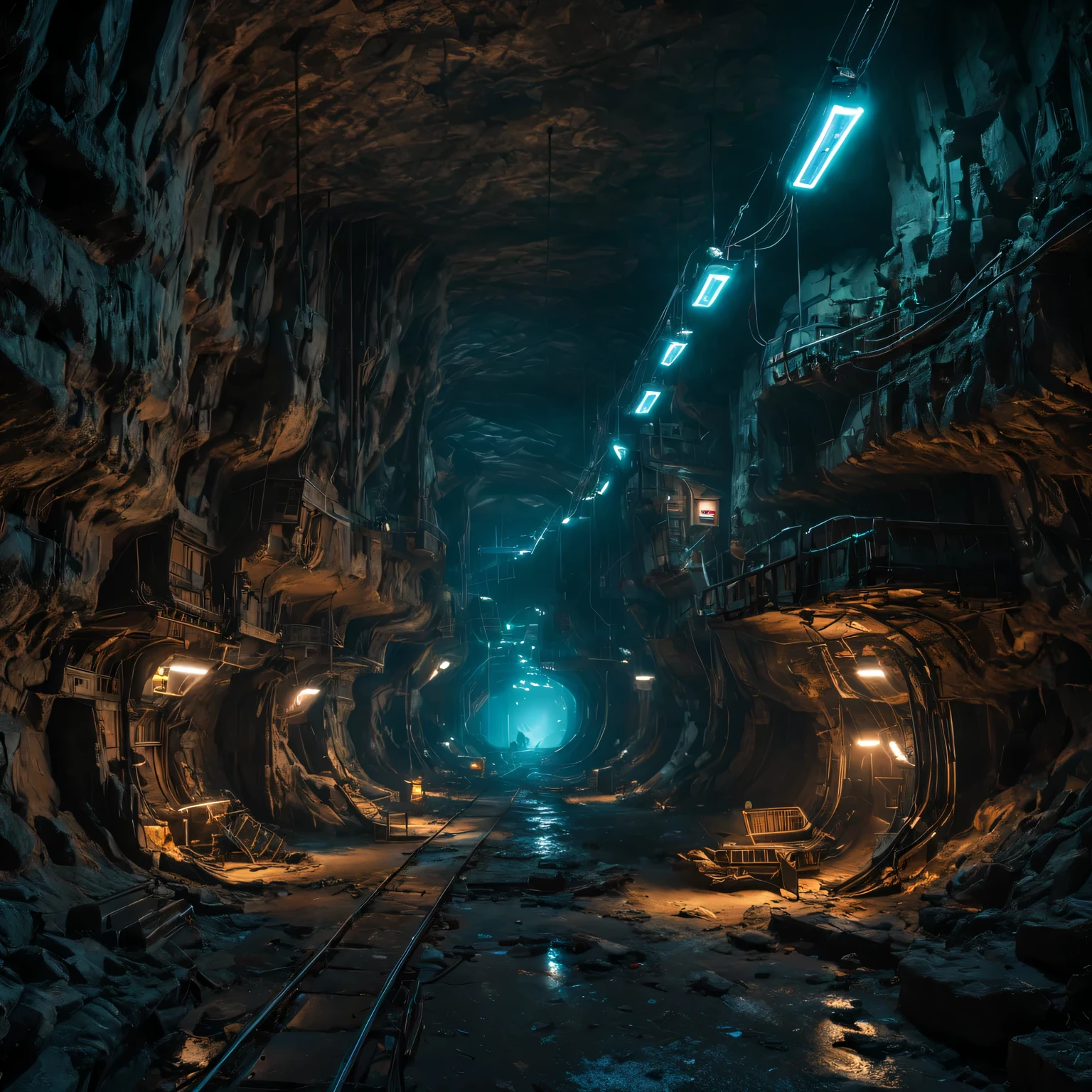 underground place, Deep underground in a huge cave stands a high-tech city of another civilization.., neon lights and lighting, luminous cables and light guides, robots and high tech alien technology are visible, flying cars hover over the city, combination of light, chrome and fantastic technology, emphasis on underground place, Dim lighting, twilight, hyperrealistic, professional photography of abandoned locations for an international underground exhibition, Canon EOS 6D Mark II RF 14-35 мм F4L IS USM