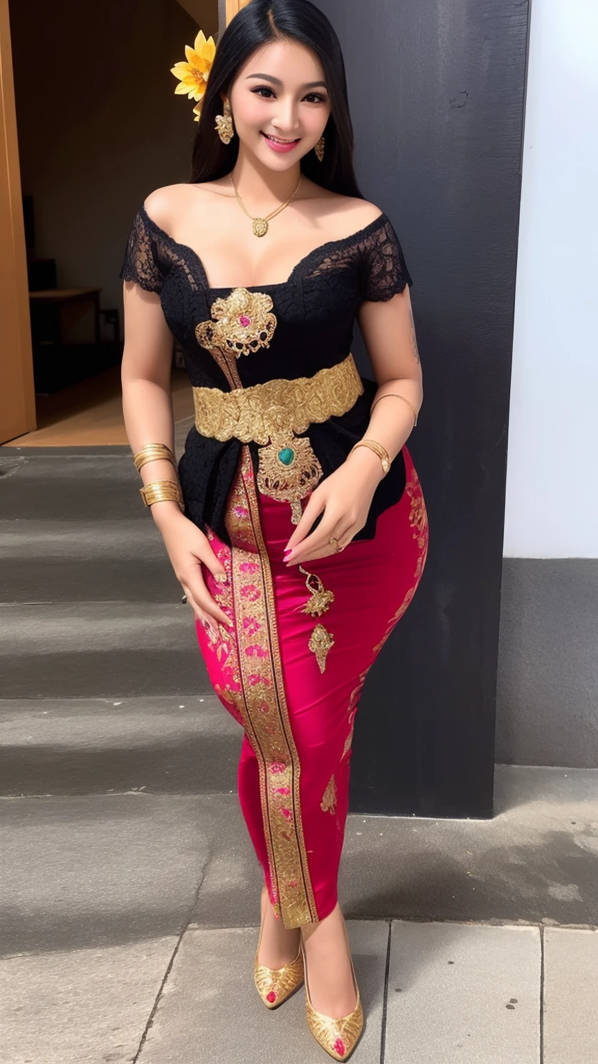photography, woman,  portrait of woman wearing kebaya_bali in black long kebaya dress traditional, red lipstick, golden necklace, earrings, ornate, detail, flowers, blurry background, soft focus,((Full Body)),(cute face:1.5), (huge breasts:1.1),high-heels, ((big hips)), medium thighs,((dimple)),
