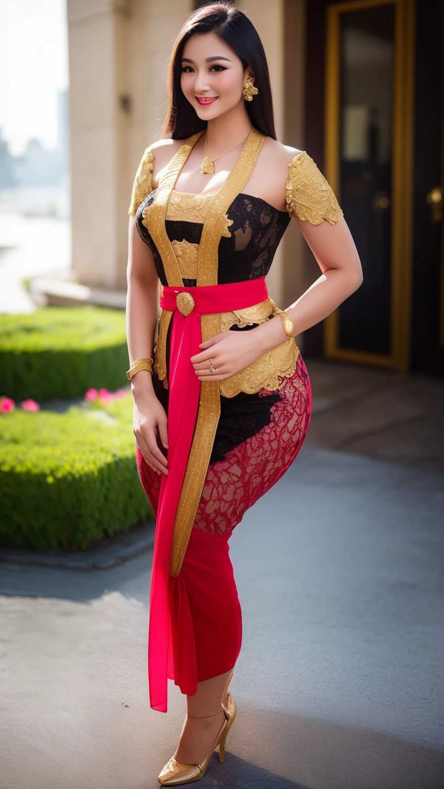 photography, woman, portrait of woman wearing kebaya_bali in black long kebaya dress traditional, red lipstick, golden necklace, earrings, ornate, detail, flowers, blurry background, soft focus,((Full Body)),(cute face:1.5), (huge breasts:1.1),high-heels, ((big hips)), medium thighs,((dimple)),