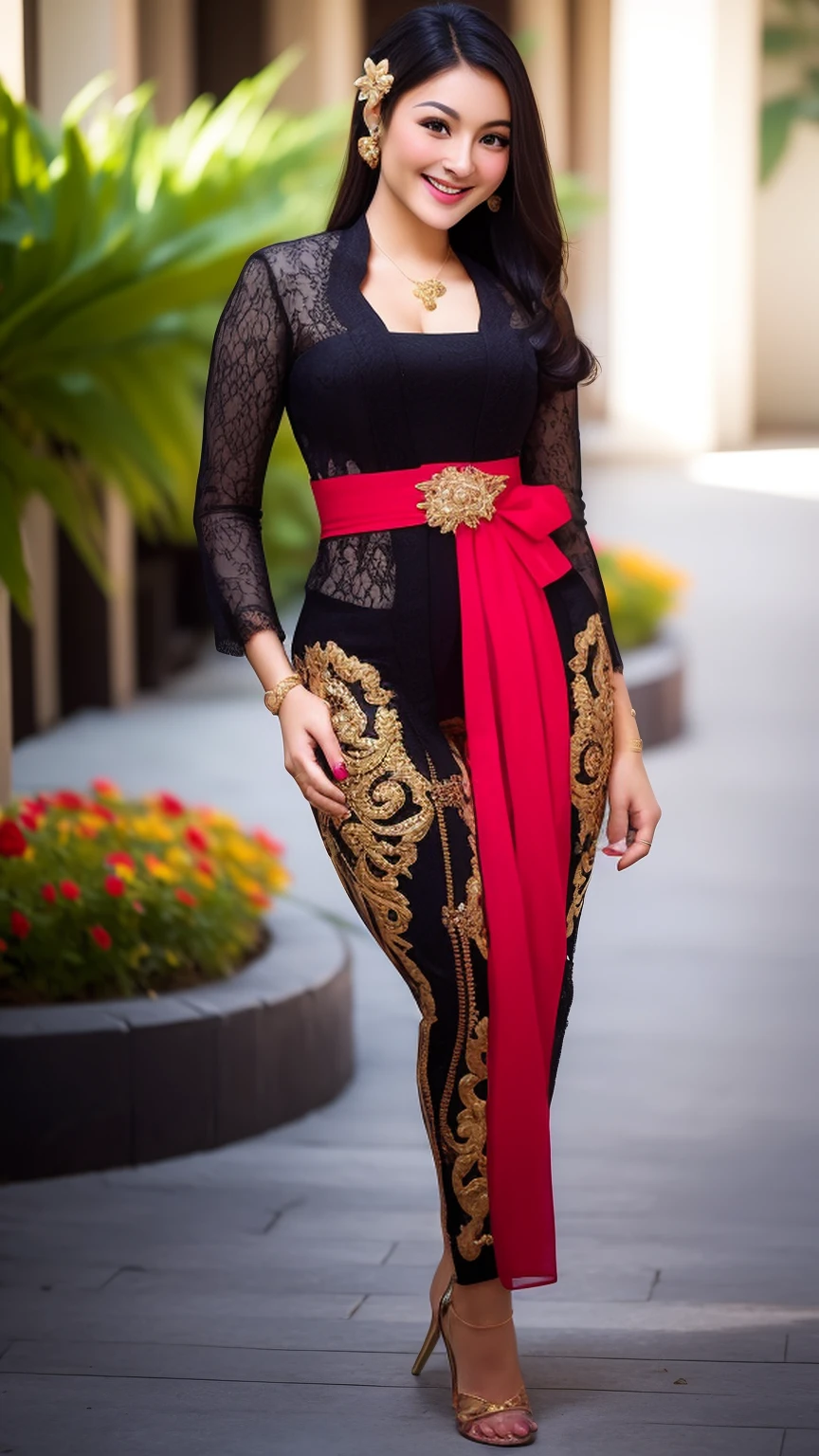 photography, woman,  portrait of woman wearing kebaya_bali in black long kebaya dress traditional, red lipstick, golden necklace, earrings, ornate, detail, flowers, blurry background, soft focus,((Full Body)),(cute face:1.5), (huge breasts:1.1),high-heels, ((big hips)), medium thighs,((dimple)),
