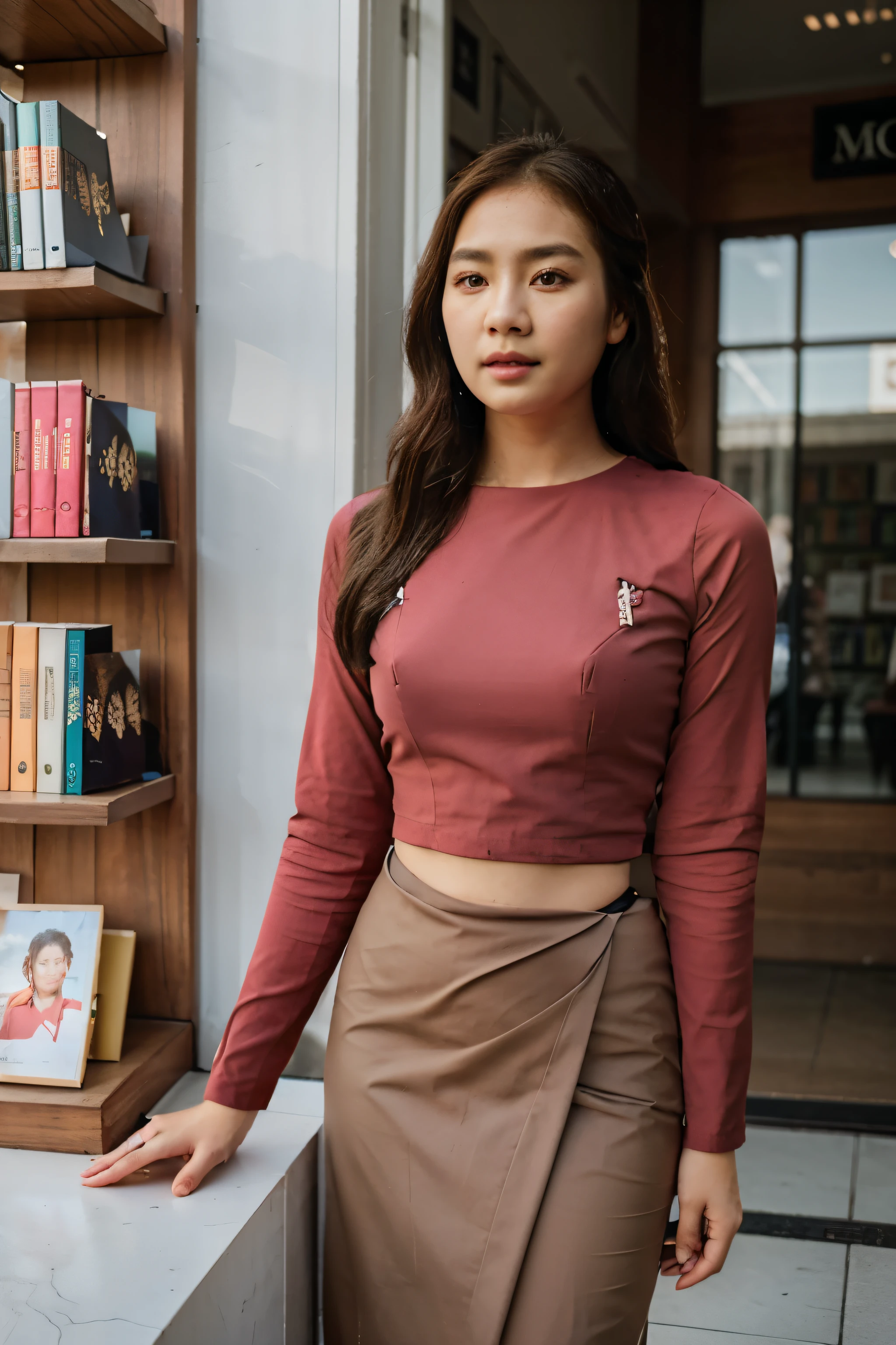 Half body portrait, 8k , plae skin asian ( korea+ Burmese)mixed girl , wearing red acmm's outfit, wearing top, red top, long sleeves, wearing acmm long skirt, red long skirt, printed skirt and posing in front of the bookshop 