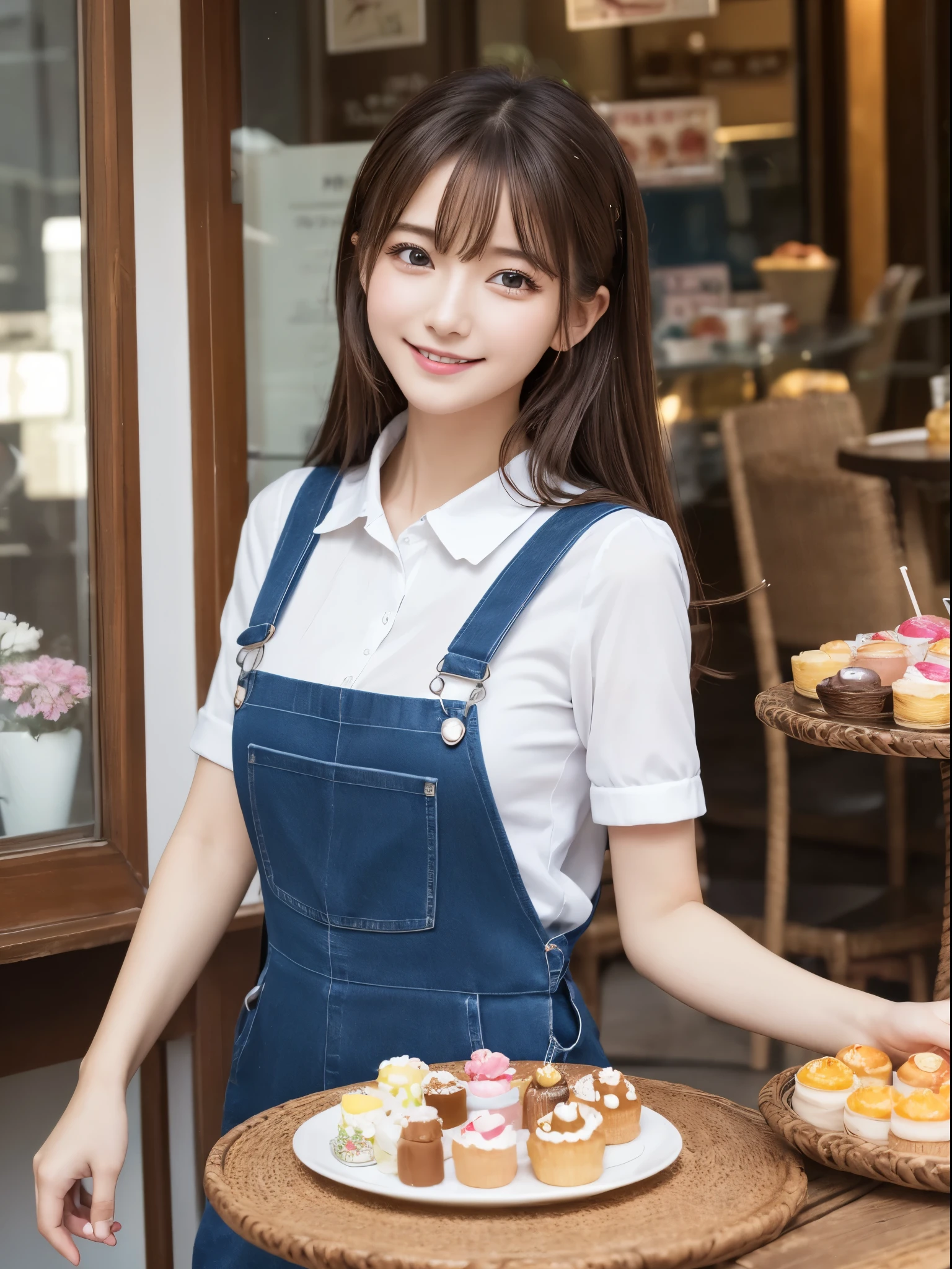 masutepiece、Best Quality、 ultra-detailliert、hight resolution、8K Wallpapers、Perfect dynamic composition,、Beautiful detailed eyes、(Beautiful breasts:1.1) 、Dark blue overalls、white  shirt、1girl in、a beauty girl、Brown hair、cafe terrace、Eat sweets in a large glass deliciously、Make sweets stand out、A smile、date