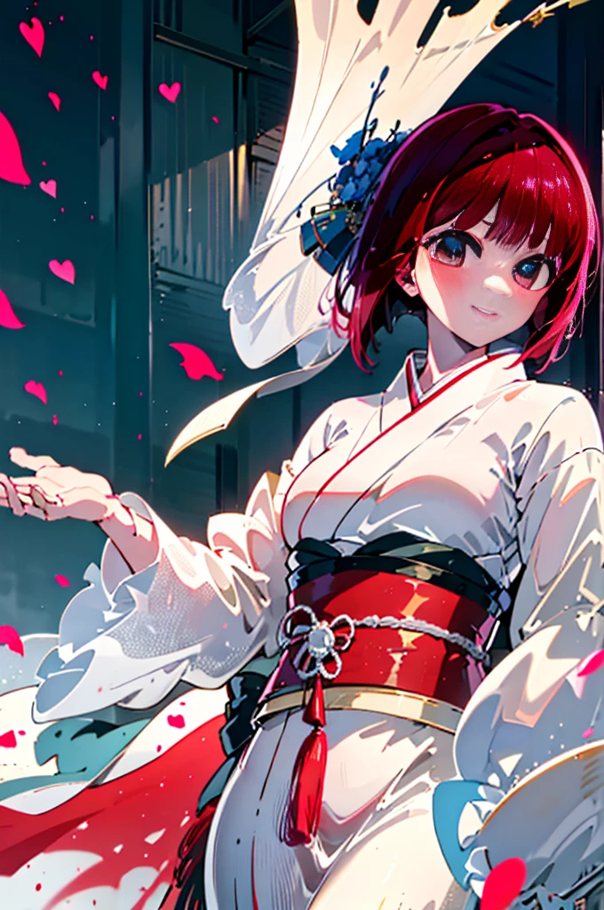 Arima maybe ,Arima maybe My Favorites ,redhead,short hair,red eyes,Wedding in a classic kimono of the Japan,Pure white kimono called pure white,Shrine wedding ceremony in traditional Japanese kimono,blush,smile,(masterpiece:1.2), highest quality, High resolution, unity 8k wallpaper, (shape:0.8), (beautiful and detailed eyes:1.6), highly detailed face, highly detailed hands, highly detailed fingers, perfect lighting, Very detailed CG, (perfect hands, perfect anatomy),