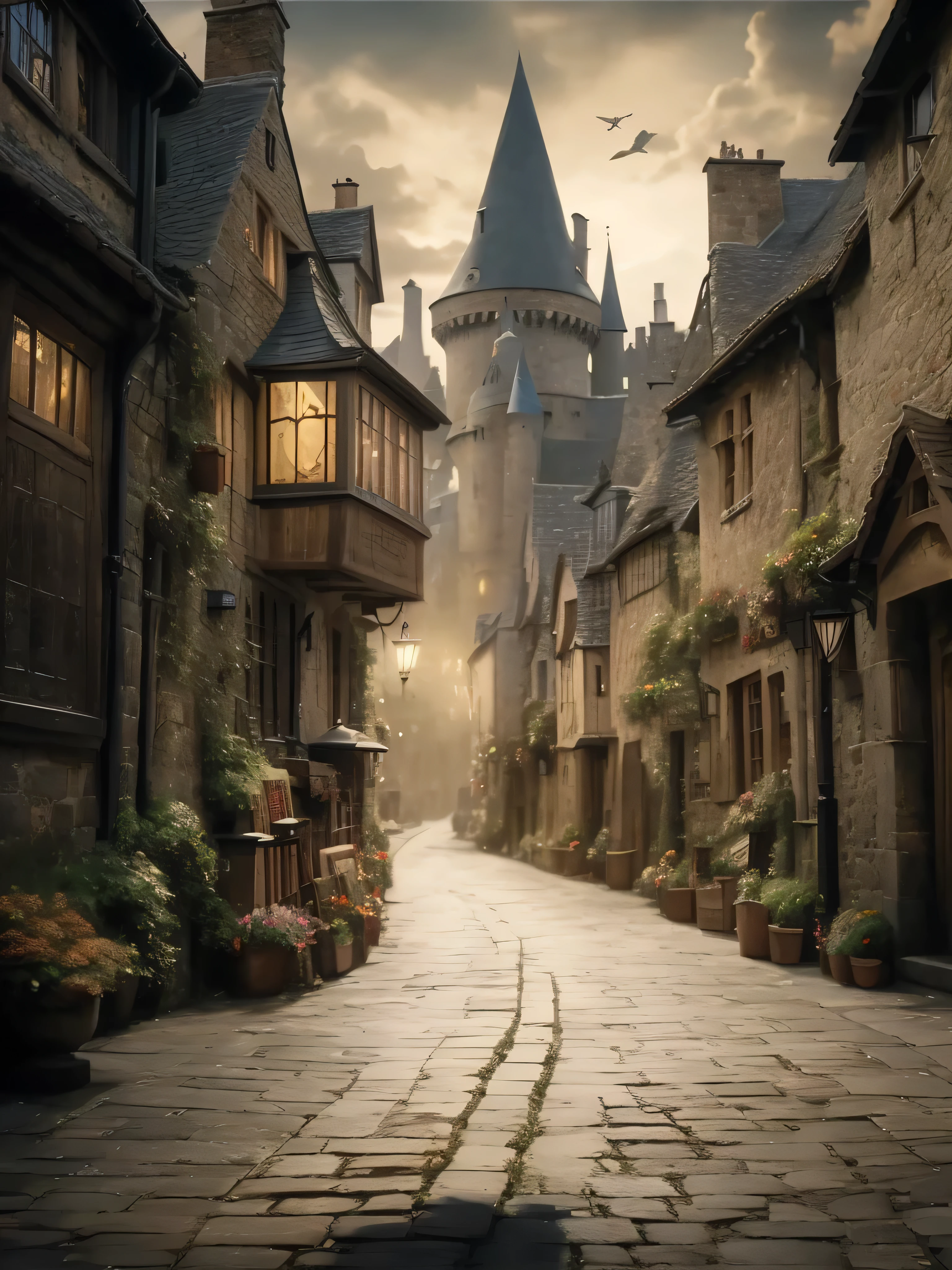 arafed view of a cobblestone street with a castle in the background, a bustling magical town, medeival fantasy town, harry potter series setting, fantasy town setting, fantasy matte painting,cute, medieval city background, ancient city streets behind her, in a medieval city, background hogwarts, hogwarts setting, beautiful render of a fairytale, medieval city, medieval town