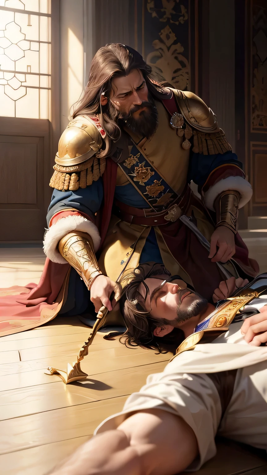 masterpiece, 45 years old, crying sound, Medium-length brunette, mustache, amazing, (amazing emperor tries to save dying man), (gold staff on the floor), hemorrhage, wearing the emperor's clothes, 16th century Russia,