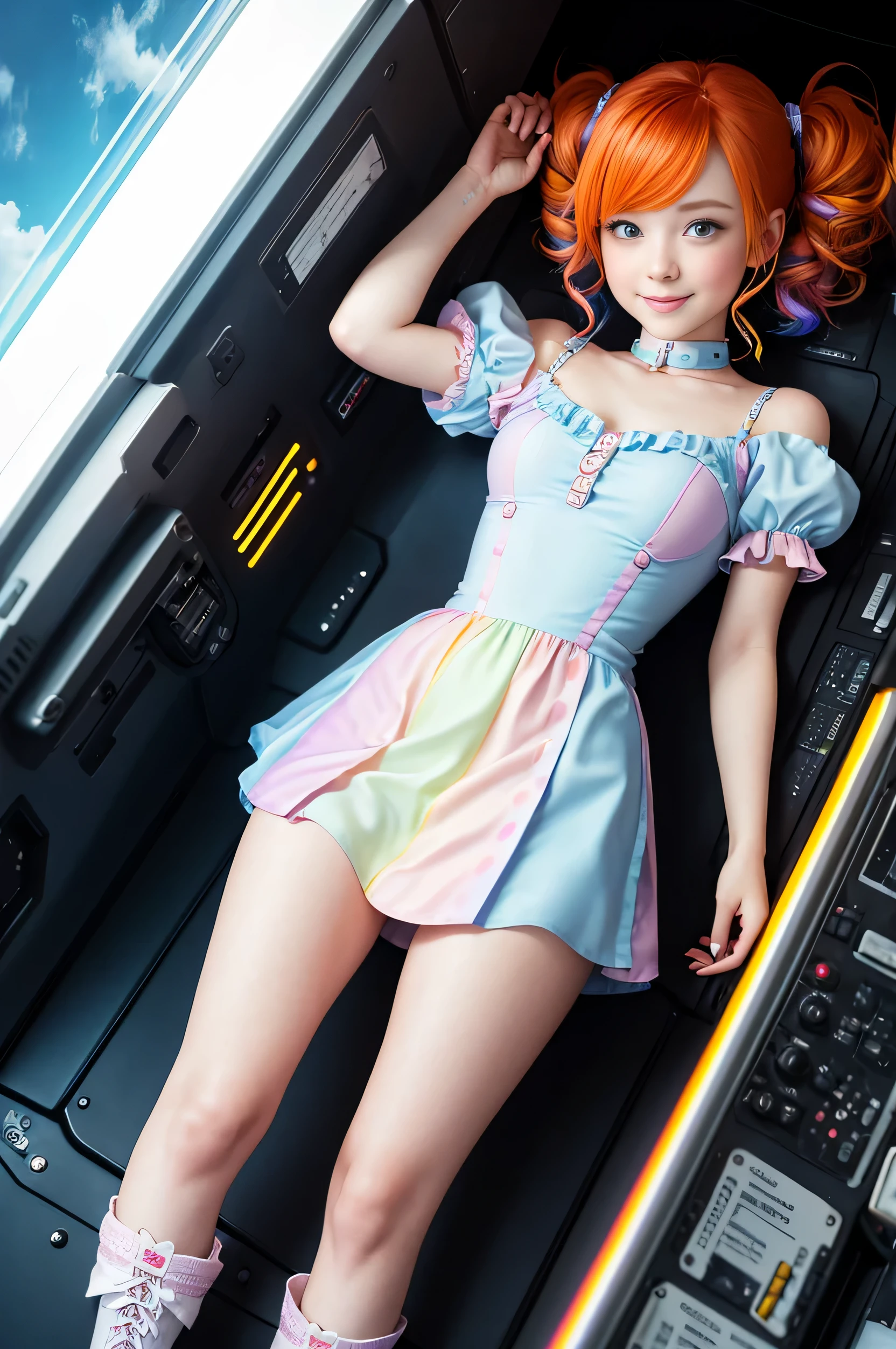 (overhead view) Cute redhead with rainbow colored hair tips, ribbons in her hair, 18-year-old woman, happy, smiling, in twin tails, perfect eyes, clear sparkling blue eyes, pale skin, silky smooth skin, flying a fancy metal luxurious space ship, futuristic cockpit, she's a pilot, outer space seen in windows, dark warm lighting, wearing a futuristic party dress, pleated (chemise) mini dress (pastel rainbow colors, and polka dots), puffy sleeves, silk, pantyhose, cute short cut booties, boots.