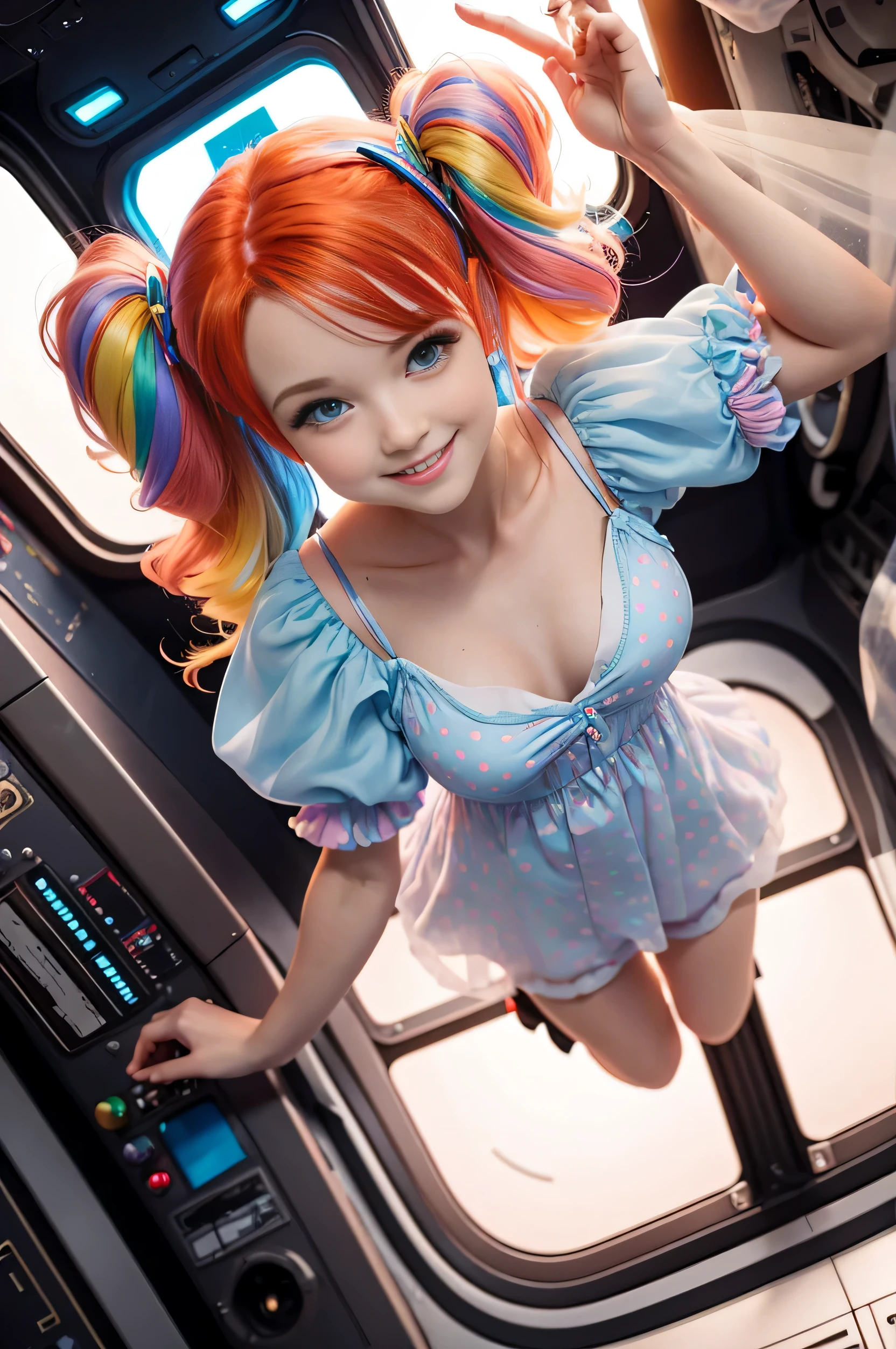 (overhead view) Cute redhead with rainbow colored hair tips, ribbons in her hair, 18-year-old woman, happy, smiling, in twin tails, perfect eyes, clear sparkling blue eyes, pale skin, silky smooth skin, flying a fancy metal luxurious space ship, futuristic cockpit, she's a pilot, outer space seen in windows, dark warm lighting, wearing a futuristic party dress, pleated (chemise) mini dress (pastel rainbow colors, and polka dots), puffy sleeves, silk, pantyhose, cute short cut booties, boots.