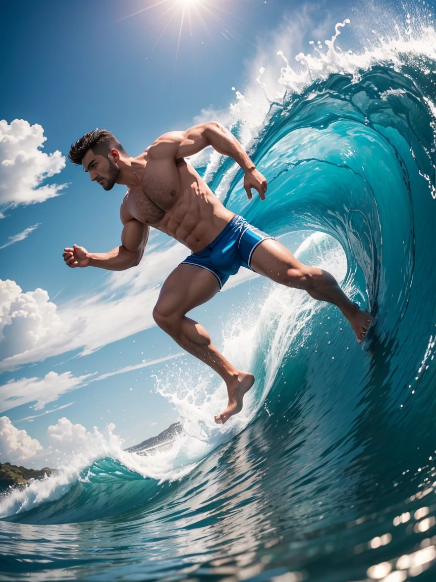 8k,8K resolution,一位武术家打扮的surf者,Ride on huge waves,Use kung fu and water control to navigate the water,Enjoy panoramic views of the sea and rippling blue waves,muscular european, handsome man,charming eyes,rough real skin,beautiful, smooth and shiny,Full muscles,Thick body hair, (Wearing fashionable swimming trunks),big bag,emphasize,a vibrant atmosphere,bright colors,dynamic composition,Canon EO SRS camera,FU J if11M Pr O400H film,35mm lens,shallow view deep,surf,The waves are high,Dashing out of the waves quickly on a skateboard with both feet,Beautiful and professional pose,professional lighting,Professional photography,Realistic photos,realistic model,realistic art