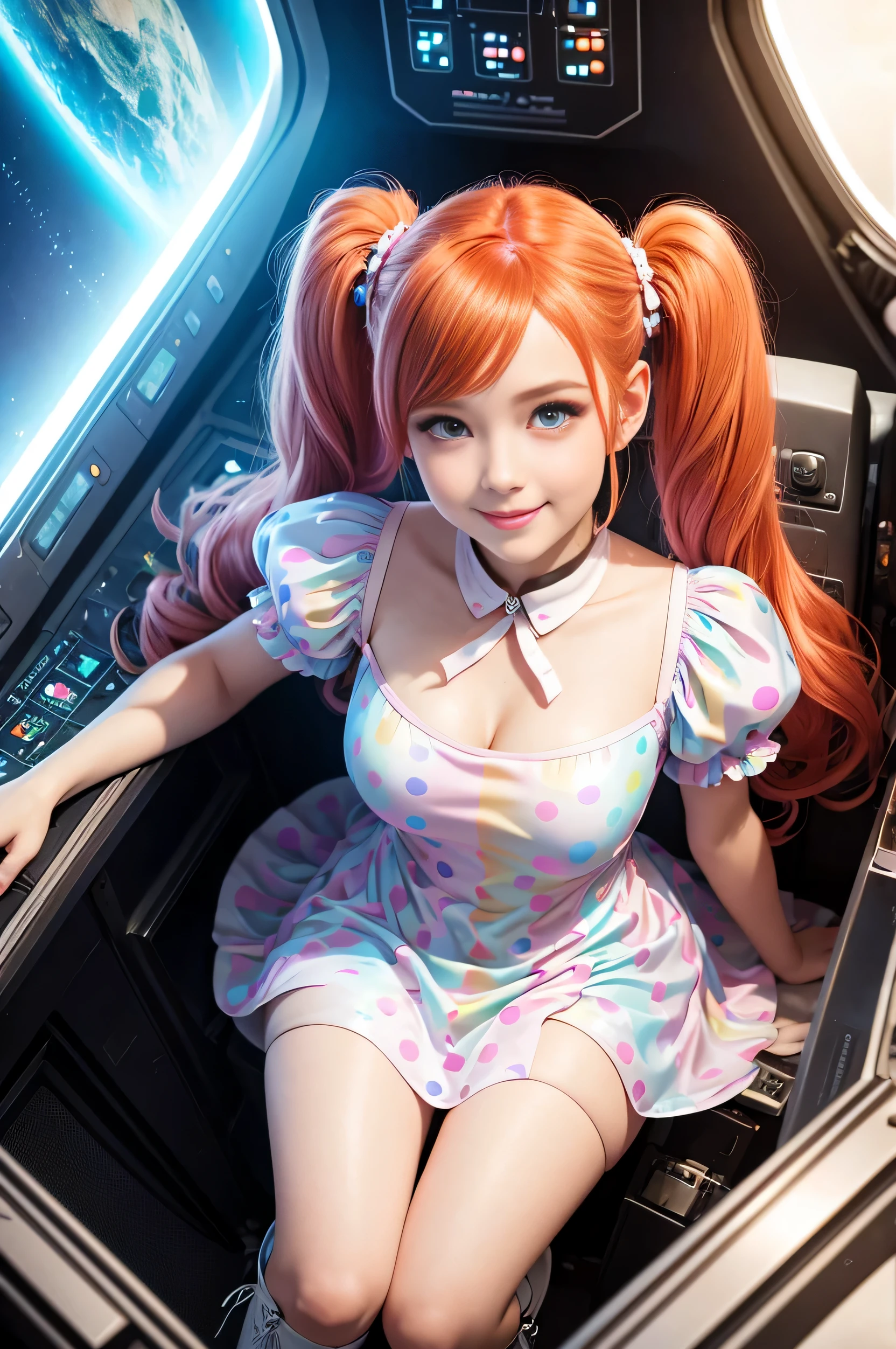 (overhead view) Cute redhead with rainbow colored hair tips, ribbons in her hair, 18-year-old woman, happy, smiling, in twin tails, perfect eyes, clear sparkling blue eyes, pale skin, silky smooth skin, flying a fancy metal luxurious space ship, futuristic cockpit, she's a pilot, outer space seen in windows, dark warm lighting, wearing a futuristic party dress, pleated (chemise) mini dress (pastel rainbow colors, and polka dots), puffy sleeves, silk, pantyhose, cute short cut booties, boots.