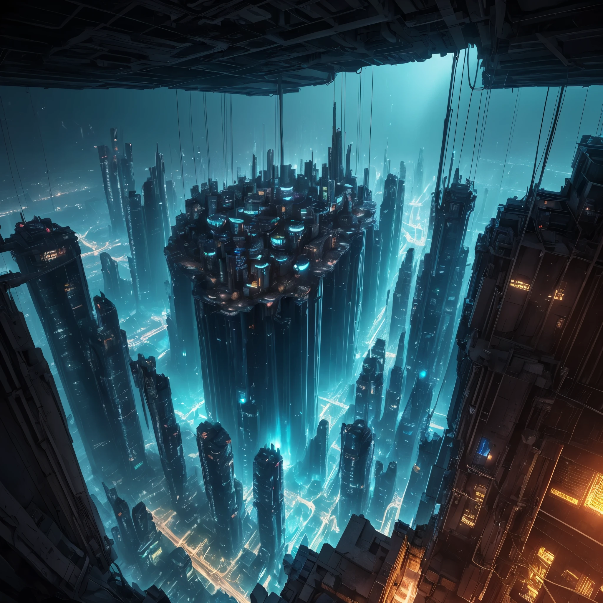 Underground Place, Deep underground in a huge cave stands a high-tech city of another civilization, neon lights and lighting, glowing cables and light guides, robots and high-tech alien technology are visible, flying machines hover over the city, a combination of light and chrome and fantastic technologies, alien's sity, a view of the city from a height of 100 meters, emphasis on Underground Place, dim lighting, semi-darkness, hyperrealistic, professional photography of abandoned places for the international Underground exhibition, canon eos 6d mark II RF 14-35mm F4L IS USM