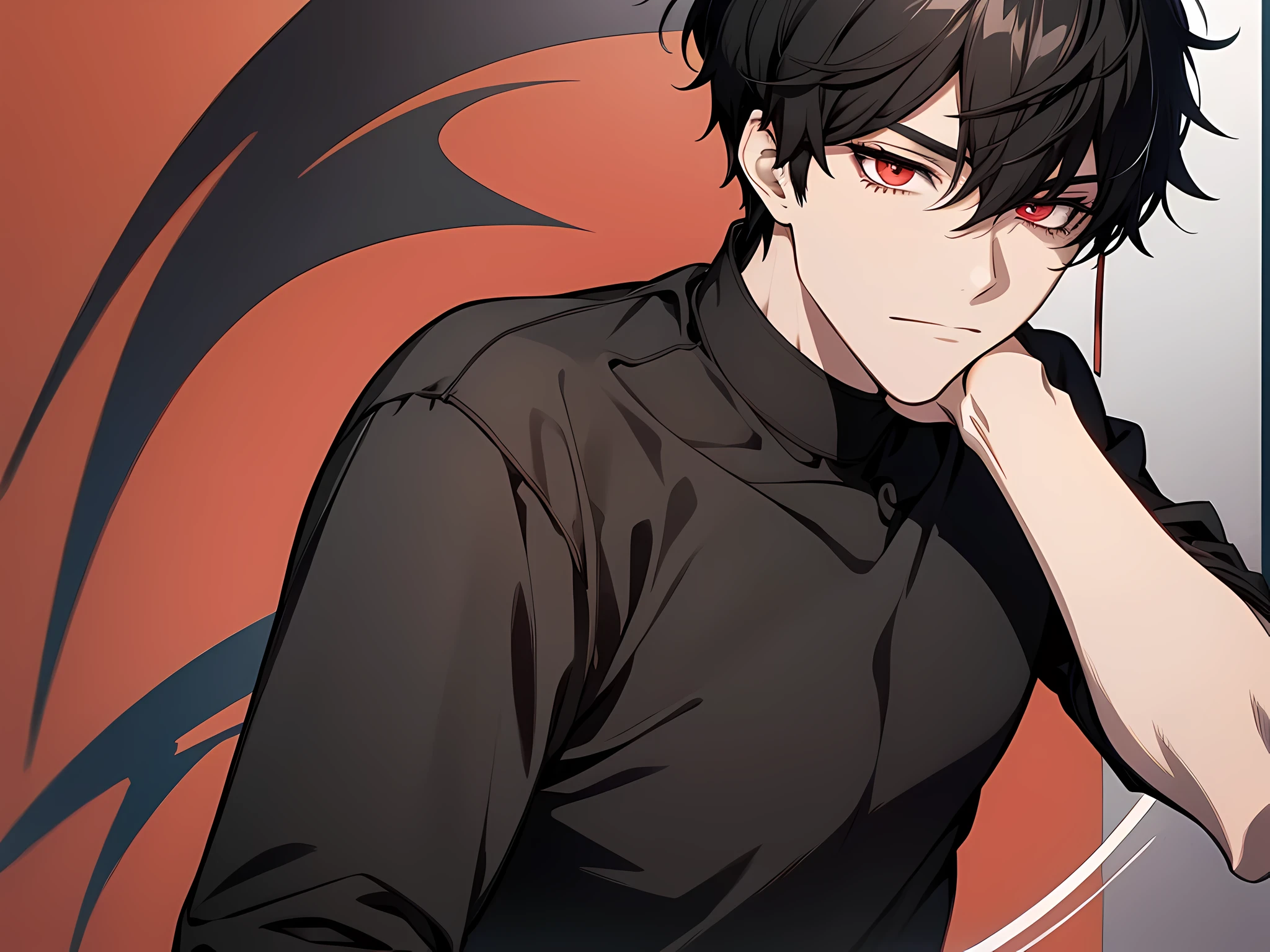 1 man, black hair, short hair, wearing black tshirt, red eyes color, face to detail, detailed eyes, full body illustration