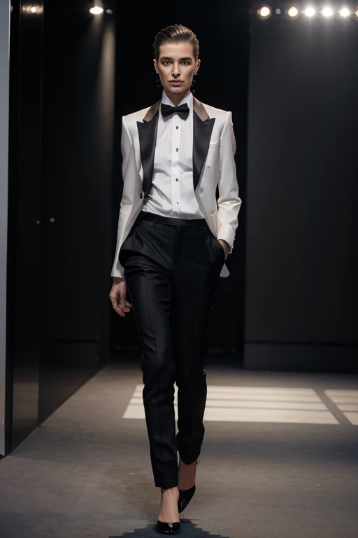 a feminine androgynous boy in a women's black suit and white shirt walking down a runway, feminine face, tall, slender, heels, jean paul gaultier, inspired by Antonio Cavallucci, masculine appeal high fashion, wearing tuxedo, christian dior style, jia, on the runway, inspired by Giorgio De Vincenzi, christian, wearing a tuxedo, walking down the catwalk, wearing a stylish men's suit, thierry mugler