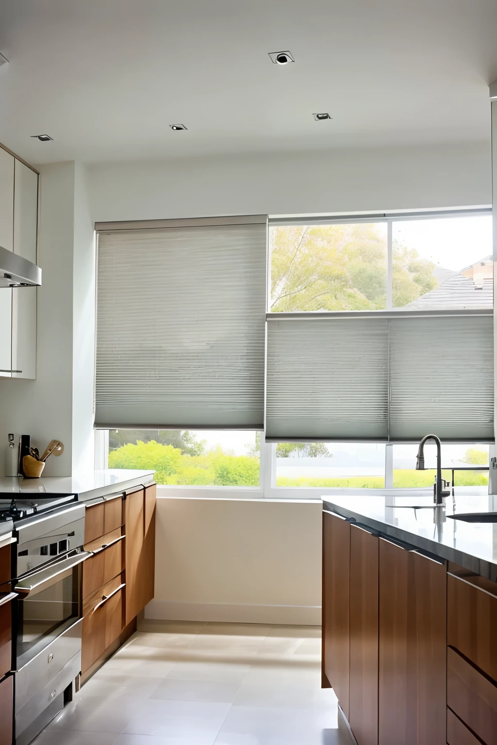 Cellular shades in a modern kitchen with natural lighting. Very detailed, sleek design, innovative cellular technology, high-quality material, perfect fit, light-filtering fabric, precise light control, energy-efficient, minimalistic style, professional installation, cordless operation, easy to clean, customizable options, UV protection, elegant and functional, stylish addition to any kitchen, top-down bottom-up functionality, seamless integration with existing decor, expert craftsmanship, durable construction, smooth operation, noise reduction, privacy-enhancing, enhance the ambiance of the kitchen, maximum versatility, modern and sophisticated, 21st-century window treatment.