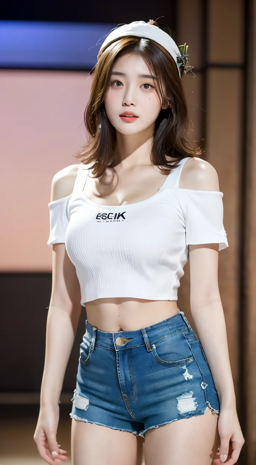 ((Best Quality, 8K, Masterpiece: 1.3)), (Flower Cap: 1.3), Focus: 1.2, Perfect Body Beauty: 1.4, Buttocks: 1.2, (Layered Haircut: 1.2)), (Dark Street: 1.3), Highly Detailed Face and Skin Texture, Full Body, Delicate Eyes, Double Eyelids, Whitened Skin, Long Hair, (Round Face: 1.5), (Loose Crop Top, Shorts: 1.6), shooting in studio, long hair, Jean short, Sexy crop top, white suit
