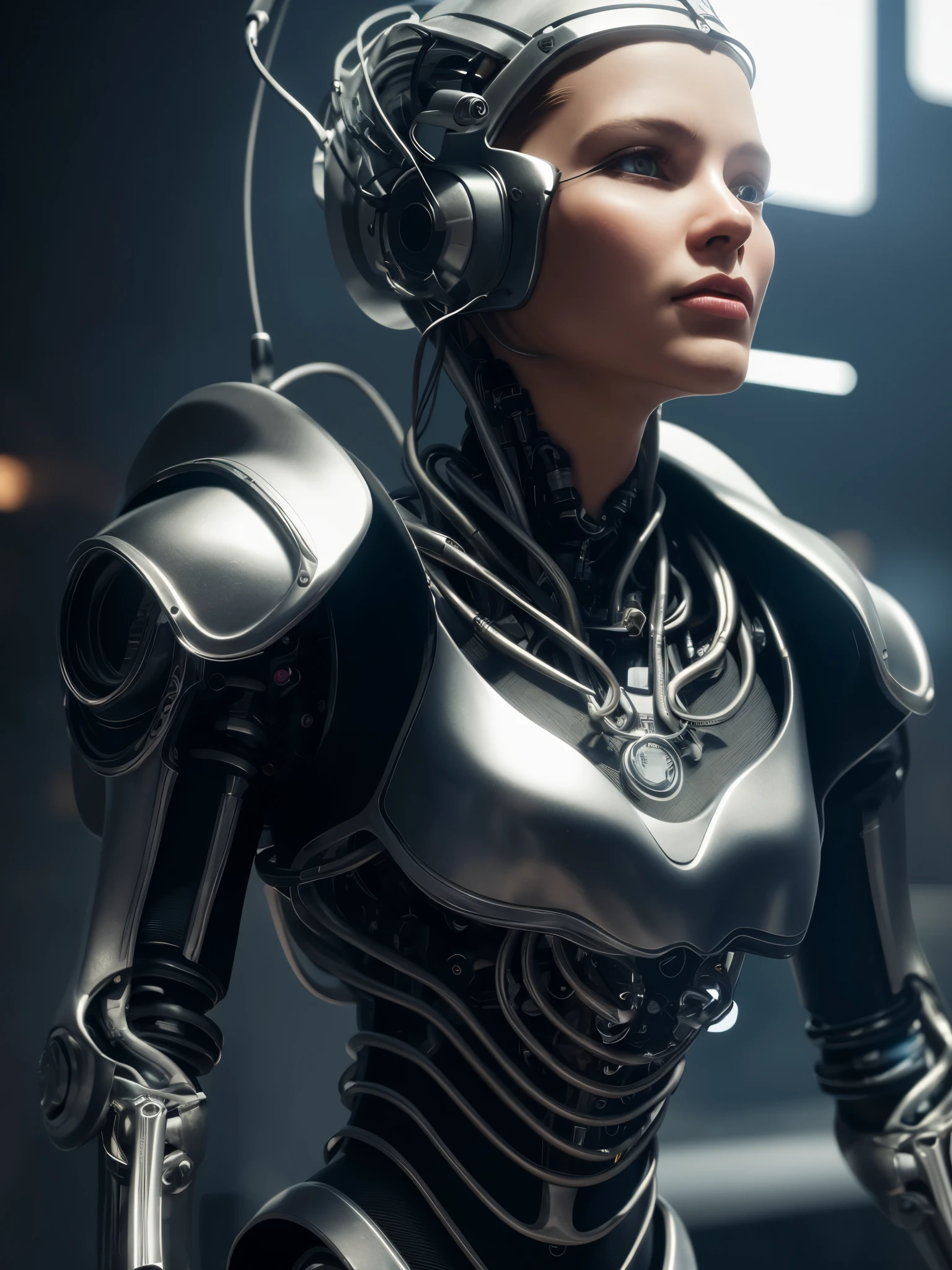 Intricate 3D rendering of female android upper body with beautiful porcelain profile super detailed, closed mouth, cyborg, robotic parts, 150mm, Soft light in a beautiful studio, rim light, vivid details, gorgeous cyberpunk, race, hyperrealistic, anatomical, facial muscles, cable wire, microchip, elegant, beautiful background, octane rendering, H. R. giger style, 8K, highest quality, masterpiece, figure, very delicate and beautiful, very detailed ,cg ,unity ,wallpaper, (realistic, photo-realistic:1.37),wonderful, finely, masterpiece,highest quality,official art, very detailed cg unity 8K wallpaper, disorganized, incredibly disorganized, robot, silver beads, whole body,