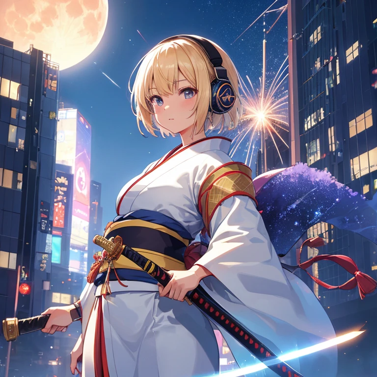 One giant moon and skyscrapers, miniaturization, light colored kimono, one warrior girl, headphones, short hair (with weapons, katana, buki), photorealistic, moving, telekinetic, lightning, cinematic light, 8K, very detailed, beautiful, sparkling, electronic, masterpiece,