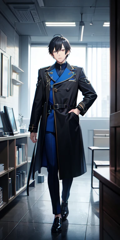 ((best quality)), ((masterpiece)), (detailed),full body anime picture of a male organization Elite , blue outfit , 1 person , coat