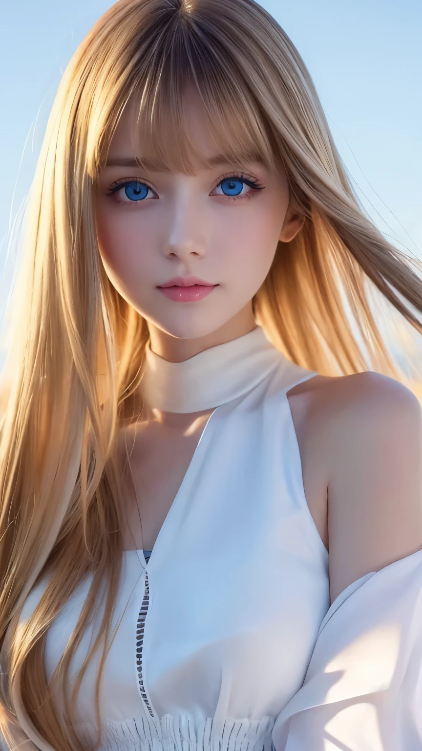Beautiful white and shining skin, 3 up, Unparalleled Beauty, Bright, refreshing and gentle expression, Perfect beautiful cute face shining baby blonde silk super long straight hair, Beautiful shiny bangs, A very beautiful and beautiful 17 year old girl, eyeliner, Very perfect and beautiful cute big clear sky blue eyes