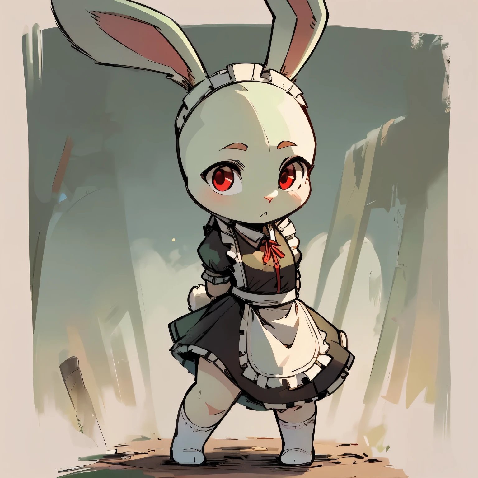 best quality,masterpiece,(Cartoony),individual,(maid skirt),((white stockings,White knee socks)),(little girl,6 years old,short and small),(((bald-headed,rabbit Facial Features,rabbit Body Features,Pale green body))),((No ears,Rabbit ears)),(Move forward,hands behind back,hanging,rope:2),red eyes,rabbit tail,Medieval execution ground background