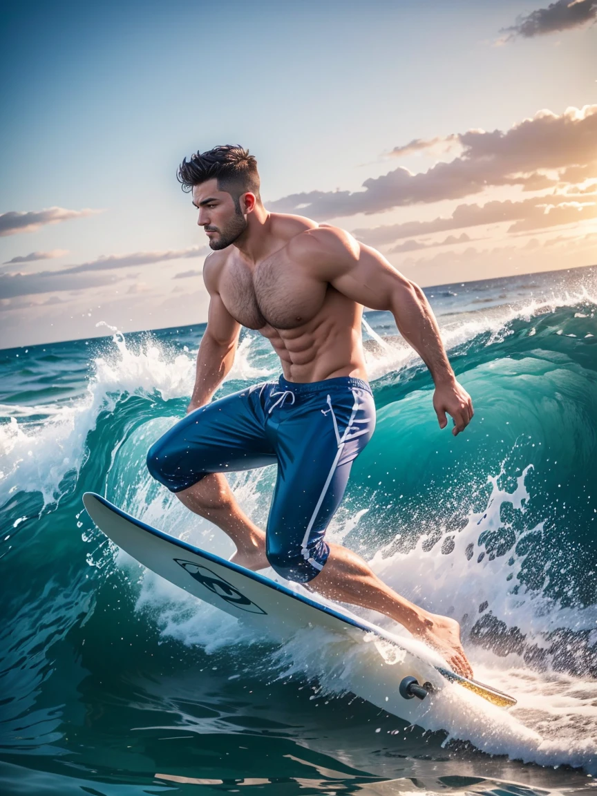 8k，8K resolution，一位武术家打扮的surf者，Ride on huge waves，Use kung fu and water control to navigate the water，Enjoy panoramic views of the sea and rippling blue waves，muscular european, handsome man，charming eyes，rough real skin,beautiful, smooth and shiny，Full muscles，Thick body hair， (Wearing fashionable swimming trunks)，big bag，emphasize，a vibrant atmosphere，bright colors，dynamic composition，Canon EO SRS camera，FU J if11M Pr O400H film，35mm lens，shallow view deep，surf，The waves are high，Dashing out of the waves quickly on a skateboard with both feet，Beautiful and professional pose，professional lighting，Professional photography，Realistic photos，realistic model，realistic art