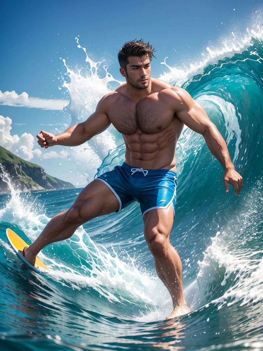 8k,8K resolution,一位武术家打扮的surf者,Ride on huge waves,Use kung fu and water control to navigate the water,Enjoy panoramic views of the sea and rippling blue waves,muscular european, handsome man,charming eyes,rough real skin,beautiful, smooth and shiny,Full muscles,Thick body hair, (Wearing fashionable swimming trunks),big bag,emphasize,a vibrant atmosphere,bright colors,dynamic composition,Canon EO SRS camera,FU J if11M Pr O400H film,35mm lens,shallow view deep,surf,The waves are high,Dashing out of the waves quickly on a skateboard with both feet,Beautiful and professional pose,professional lighting,Professional photography,Realistic photos,realistic model,realistic art