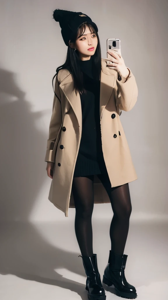 selfie,Knitted hats,long coat,one piece,you,Black Pantyhose,short boots,black hair,straight hair,Super high quality,masterpiece,super high quality,ultra high resolution,Highest image quality,superlative,highest quality,highest resolution,high quality,beautiful,beautiful,High quality,realな質感,real,8K,Fine-grained,