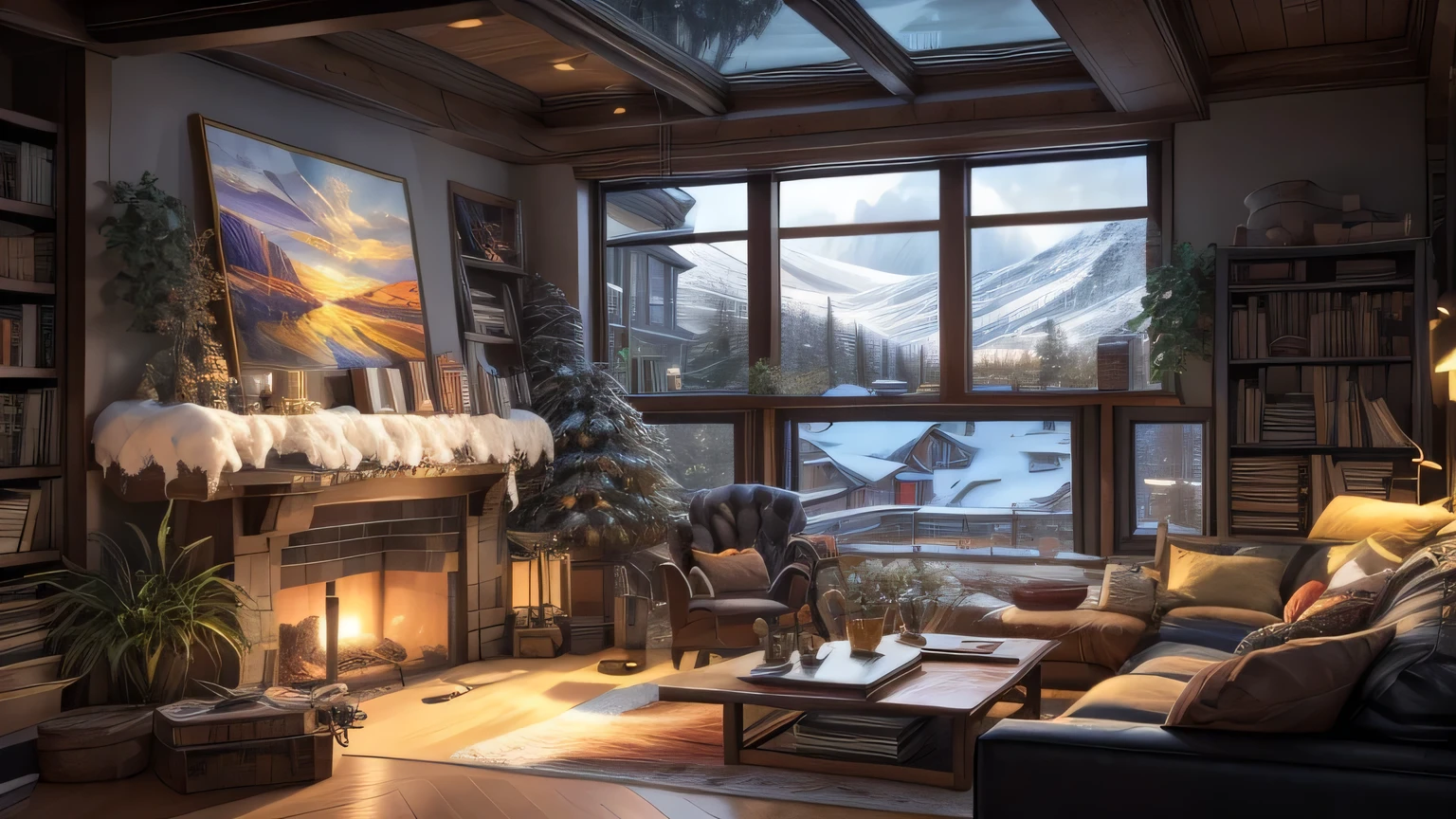 painting of a canada montreal living room, beautiful snowy view, big window, fireplace,sofa,quill,book,rugbeautiful calm lofi vibe,bushes,flowers, residential area,golden hour, snowy night,dusk,4k hd, cloud,beautiful art uhd 4 k, a beautiful artwork illustration, beautiful digital painting, highly detailed digital painting, beautiful digital artwork, detailed painting 4 k, very detailed digital painting, rich picturesque colors, gorgeous digital painting