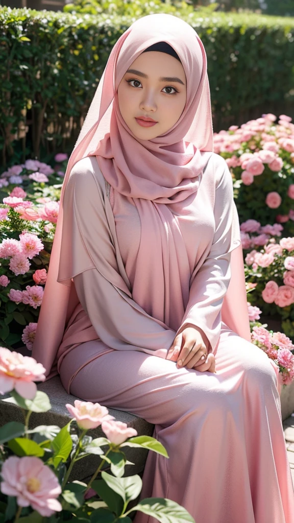 Capture a medium shot of a young malay woman with light pink hijab and abaya and captivating eyes. Utilize raytraced photography to emphasize the intricate details of her features. Apply a cool and pinkish color grading to enhance the overall aesthetic, creating a visually striking composition. Ensure the woman is looking directly at the camera. Surrounded by flowers everywhere. In the morning in a garden. Tilt shot.