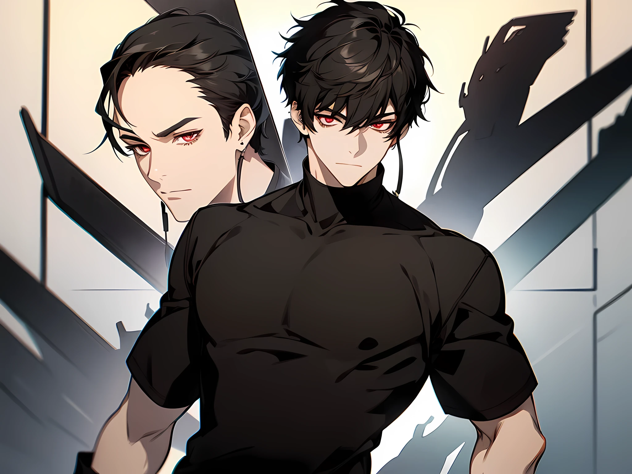1 man, black hair, short hair, wearing black tshirt, red eyes color, face to detail, detailed eyes, full body illustration