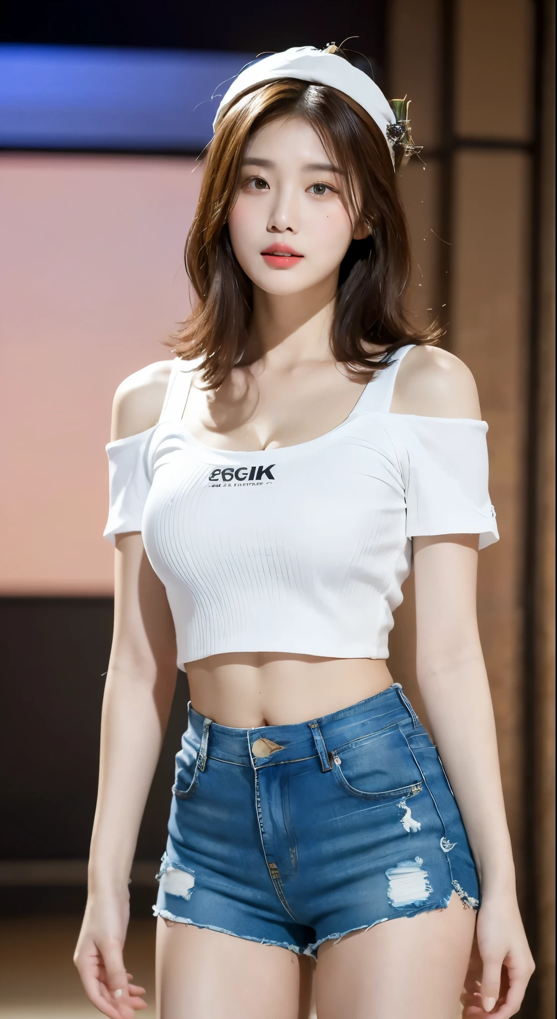 ((Best Quality, 8K, Masterpiece: 1.3)), (Flower Cap: 1.3), Focus: 1.2, Perfect Body Beauty: 1.4, Buttocks: 1.2, (Layered Haircut: 1.2)), (Dark Street: 1.3), Highly Detailed Face and Skin Texture, Full Body, Delicate Eyes, Double Eyelids, Whitened Skin, Long Hair, (Round Face: 1.5), (Loose Crop Top, Shorts: 1.6), shooting in studio, long hair, Jean short, Sexy crop top, white suit