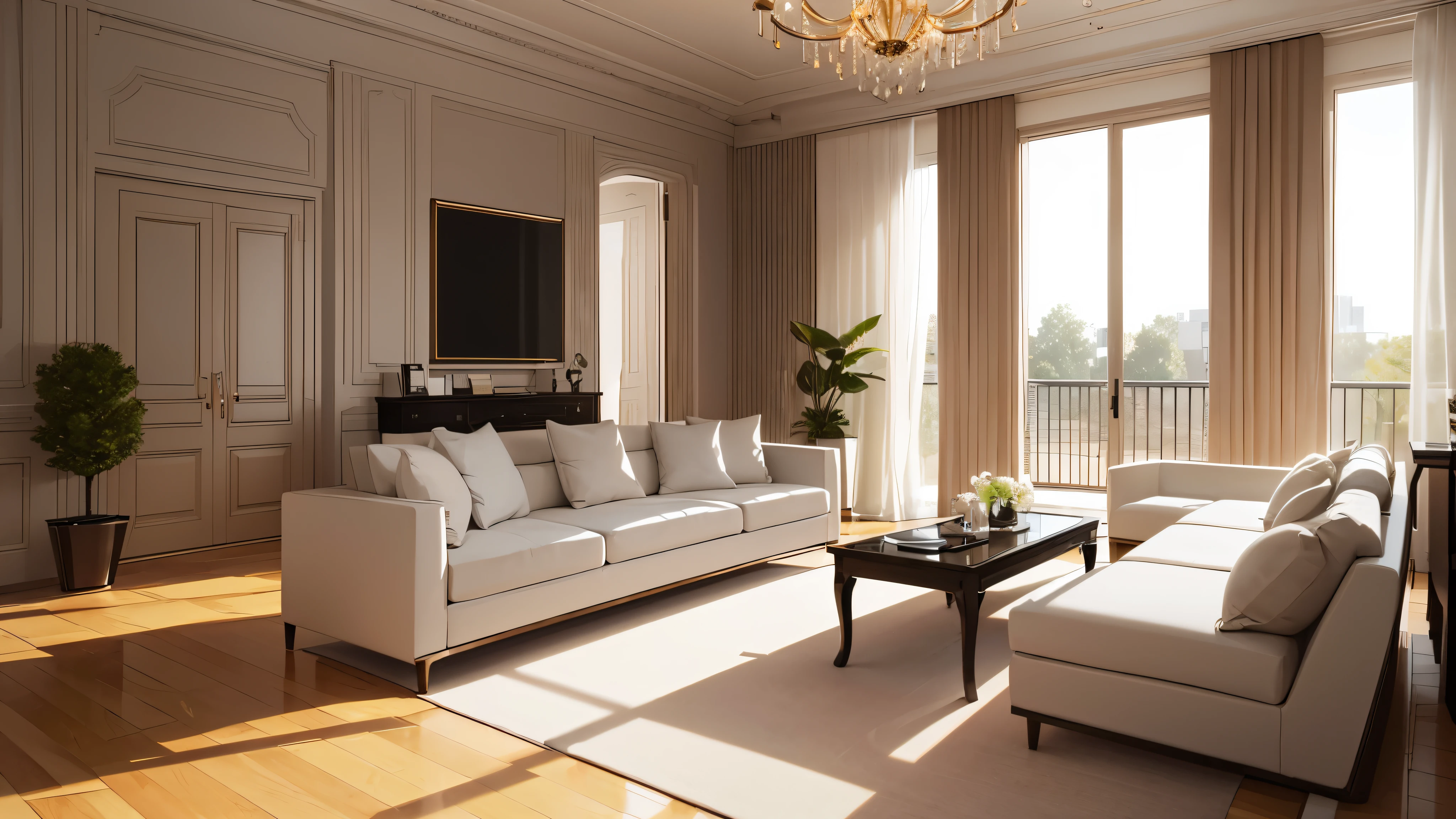 You are a famous interior designer、You have been asked to create a 3D image of a modern large room. Create a harmonious environment with modern and minimalist furniture. Including garden interior.
