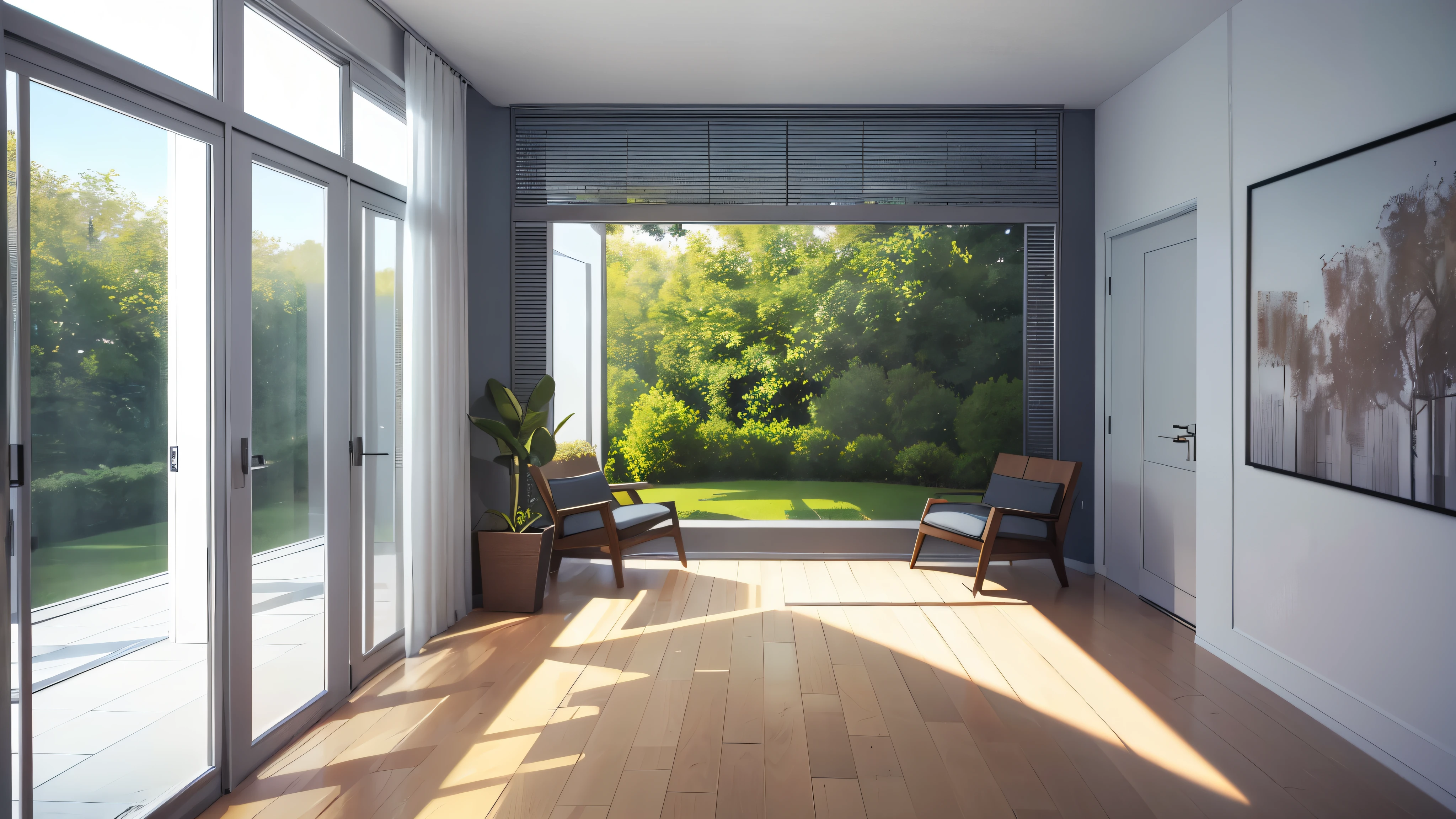 You are a famous interior designer、You have been asked to create a 3D image of a modern large room. Create a harmonious environment with modern and minimalist furniture. Including garden interior.