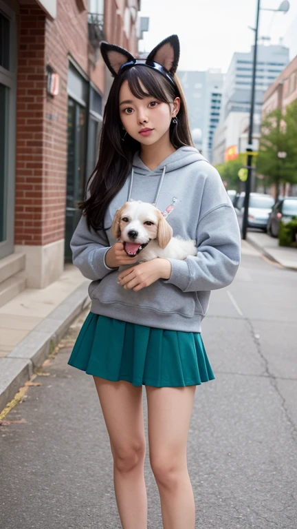 1 girl, whole body,medium black hair, heterochromia, red eyes, green eyes, dog ears, dog ears, gray sweatshirt, :3, Small fangs,mini skirt,red sneakers,Holding a dog,